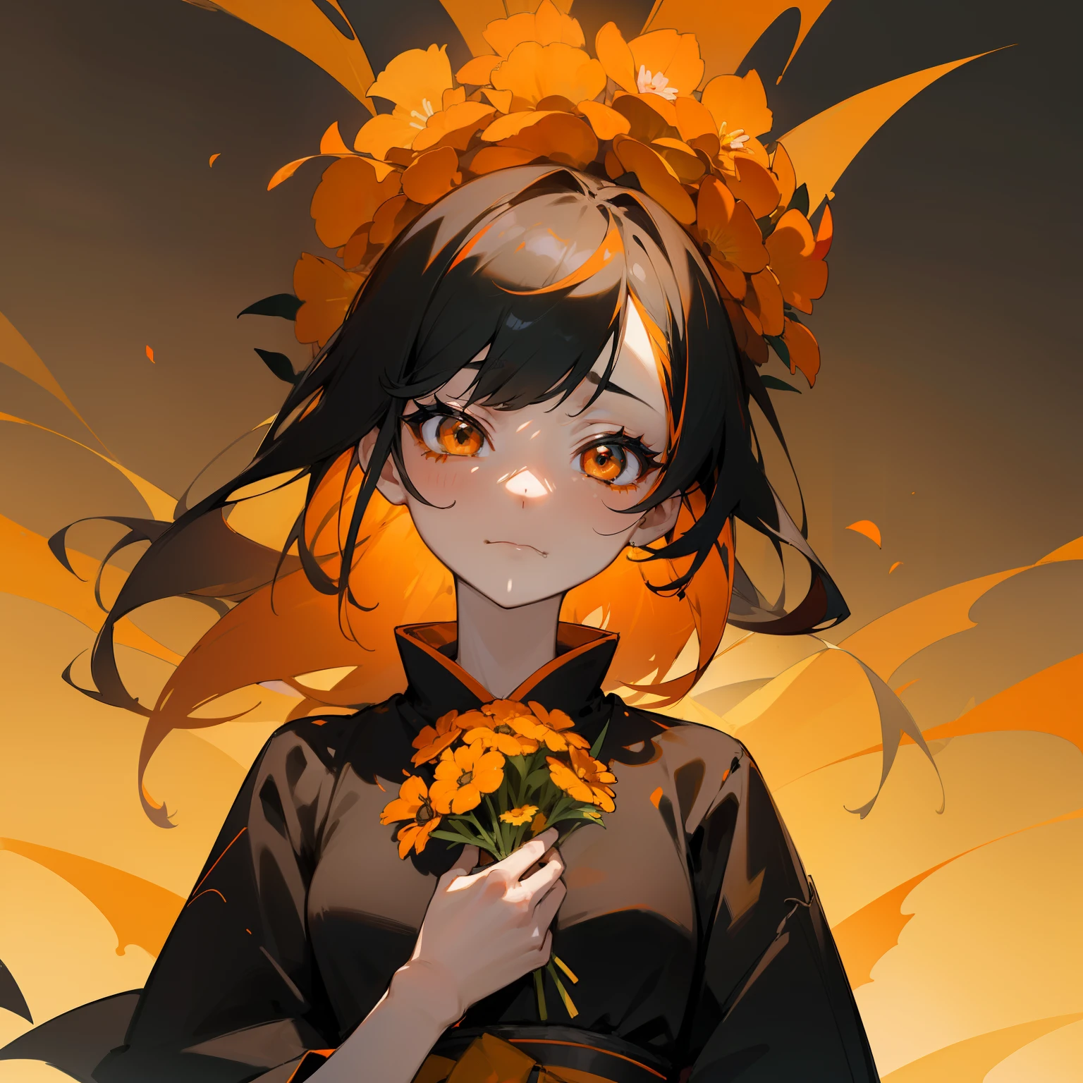 (Beautifully Aesthetic:1.2)、(1girl in:1.3)、(Black and orange colorful hair:1.2)、Orange and black kimono、Fantastical、wretched、Orange and yellow marigolds are blooming、natta、Sad face、