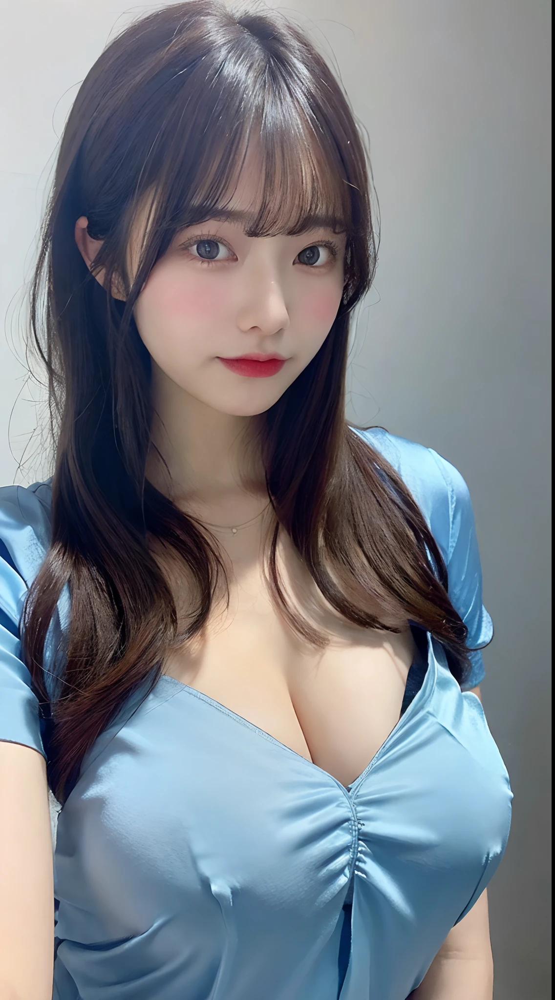 Blue Satin Shirt, large boob