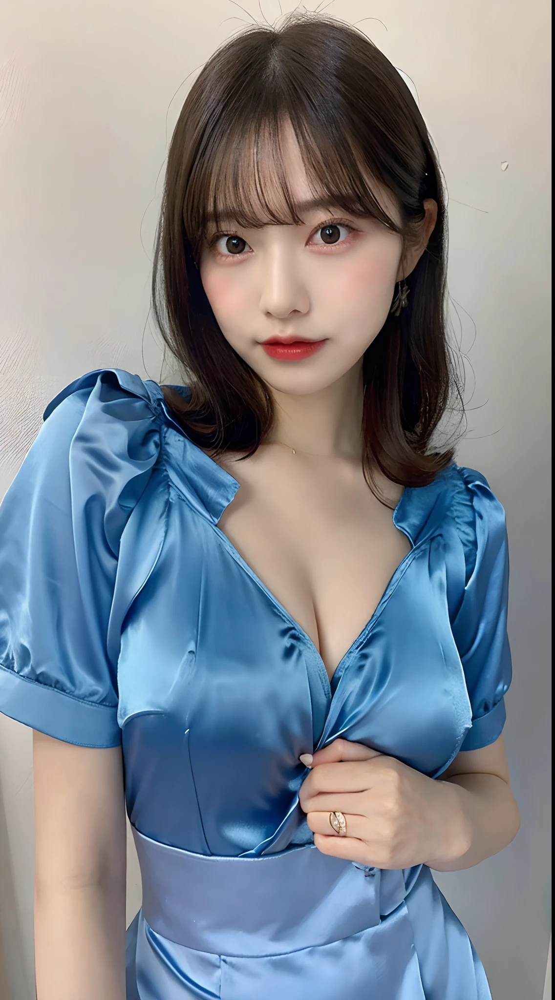 Best quality, best image quality, highest resolution, super detail, wearing satin pajamas, the material of satin pajamas is shiny, soft and smooth to the touch, no underwear is worn, Chest is C cup, Japan fashion model, full body shot so that the face can also enter, the subject is one, the place is the hotel bathtub, put your hands on the chest,