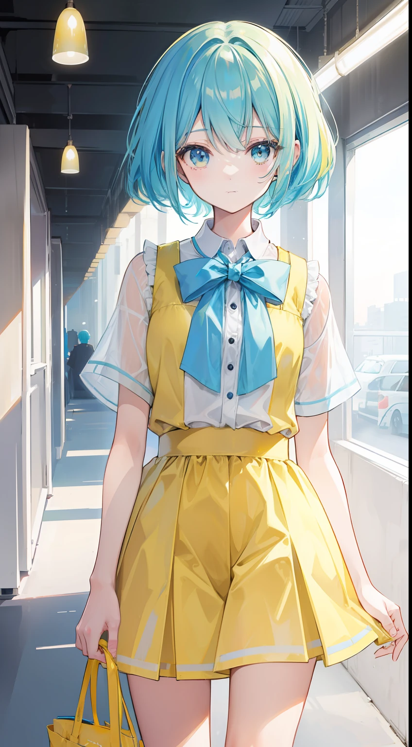 Bright light yellowish blue hair,Light yellow and light blue clothes,A cute cute girl
