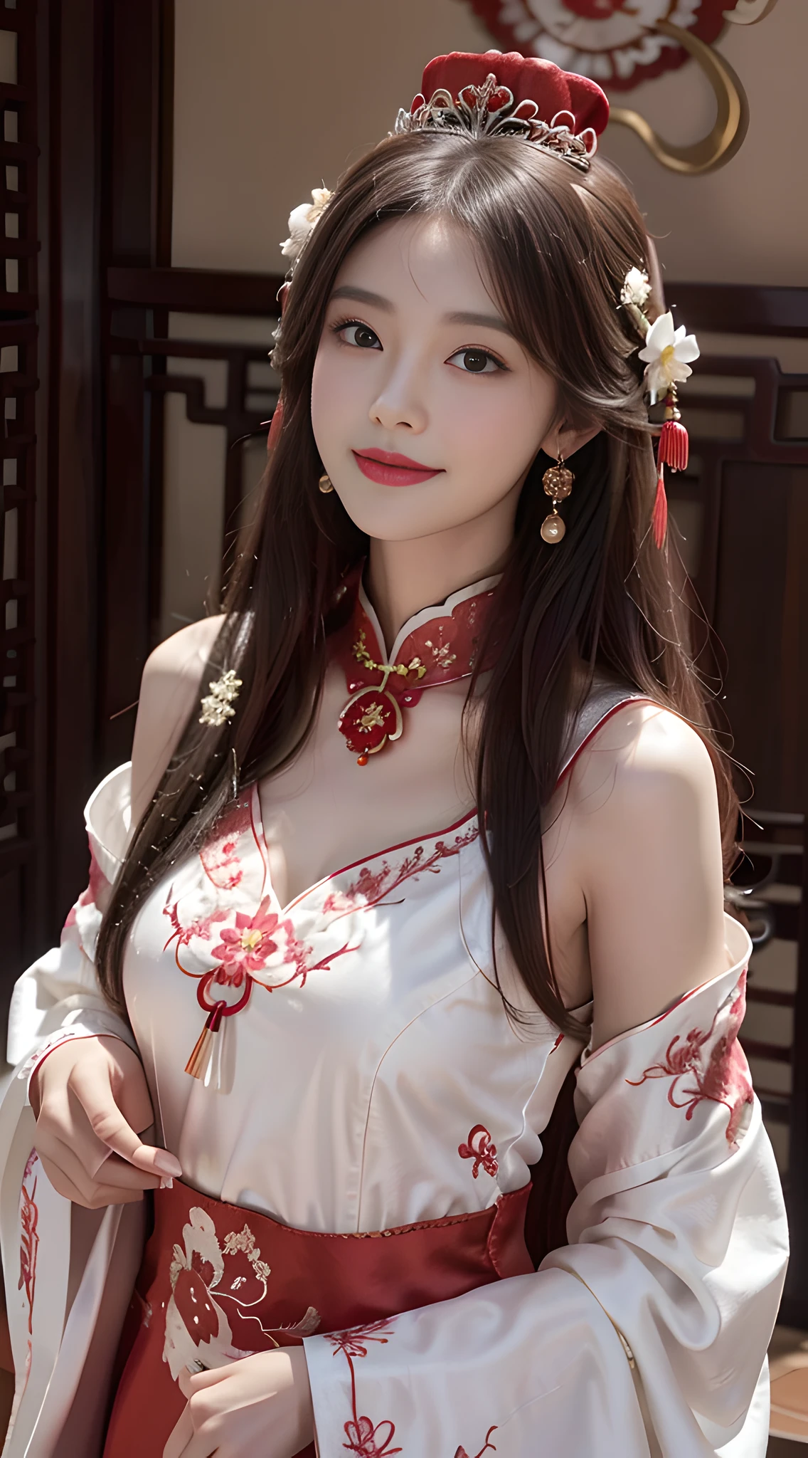 A beautyful girl，long whitr hair，((Wear a beautiful red Chinese wedding dress))，fine embroidery，(A delicate crown was worn over his hair)，A pair of shiny earrings hang from the ears，A beautiful necklace was worn around his neck，Sweet smiling，His face flushed，ssmile，Flowers in hand