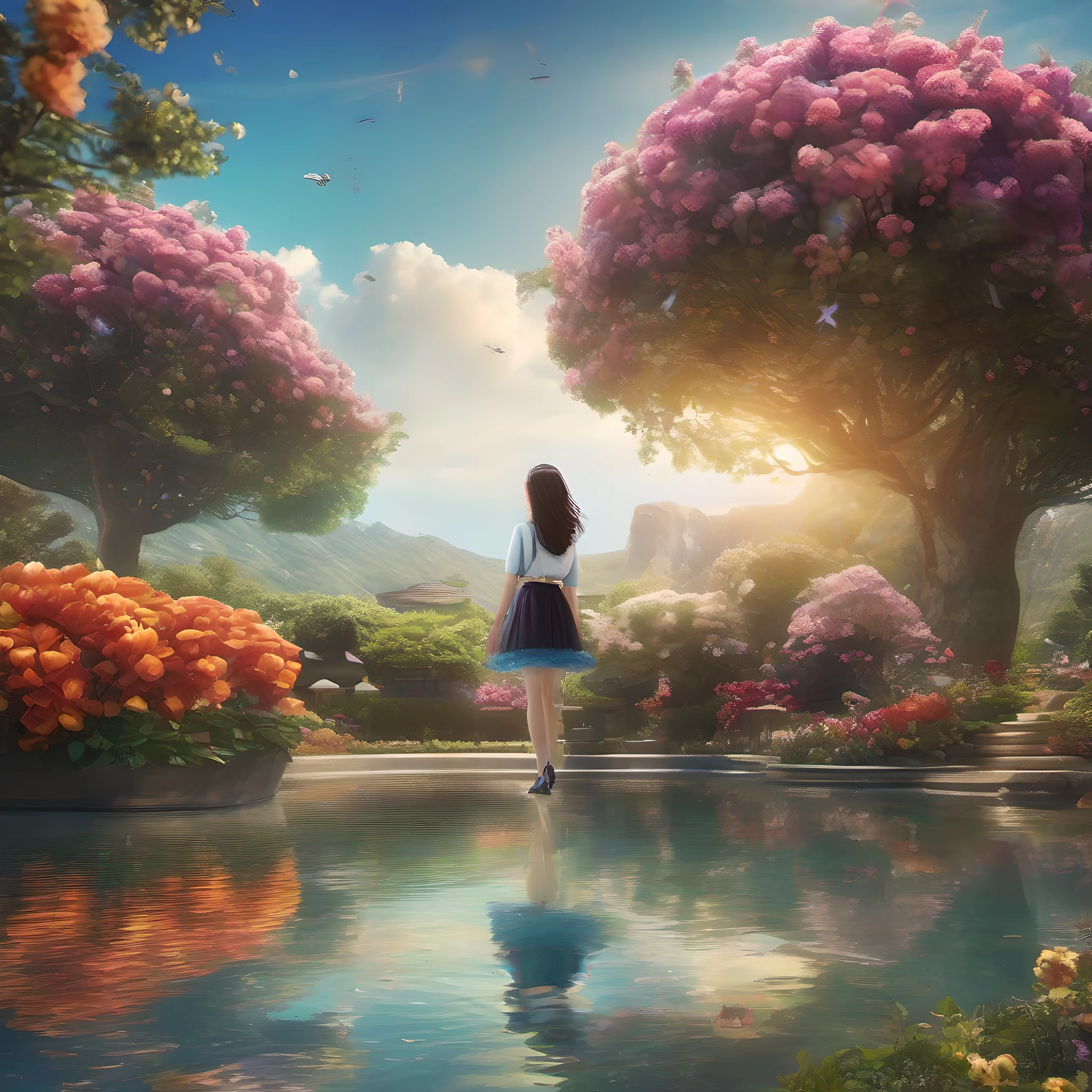 ccurate, best quality, masterpiece, UHD, high details, award winning, (Amazing:2.0), (Surrealism), Conceptual art, Verism, cinematic lighting, floating island in the sky, (((beautiful flower garden))), Horizon, blue sky, paradise scenery, flowers, wind flow, (((fantasy))), frontier, (magnificent space), blurry foreground, bokeh, Hasselblad, lens flare, beautiful school girl, (17 yr old), ((((full body)))), from behind, she moving, without looking at me, (((wearing school uniform))), black eyes, black hair, (floating hair), ((8 life size)), detailed hairstyles, detailed bodyline, anatomically correct, cute face, ((accurately portray her)),
