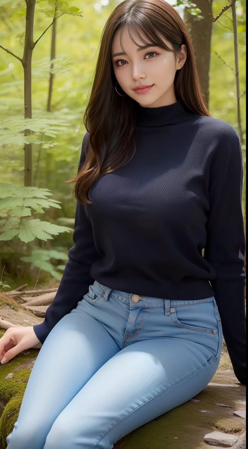 a pregirl,ssmile, looking at viewert,Sweaters,skintight jeans,photore, realisticlying, Best quality at best, 详细的脸,Detailed eyes,Sitting on a large mossy rock in the woods, diffuselighting, depth of fields