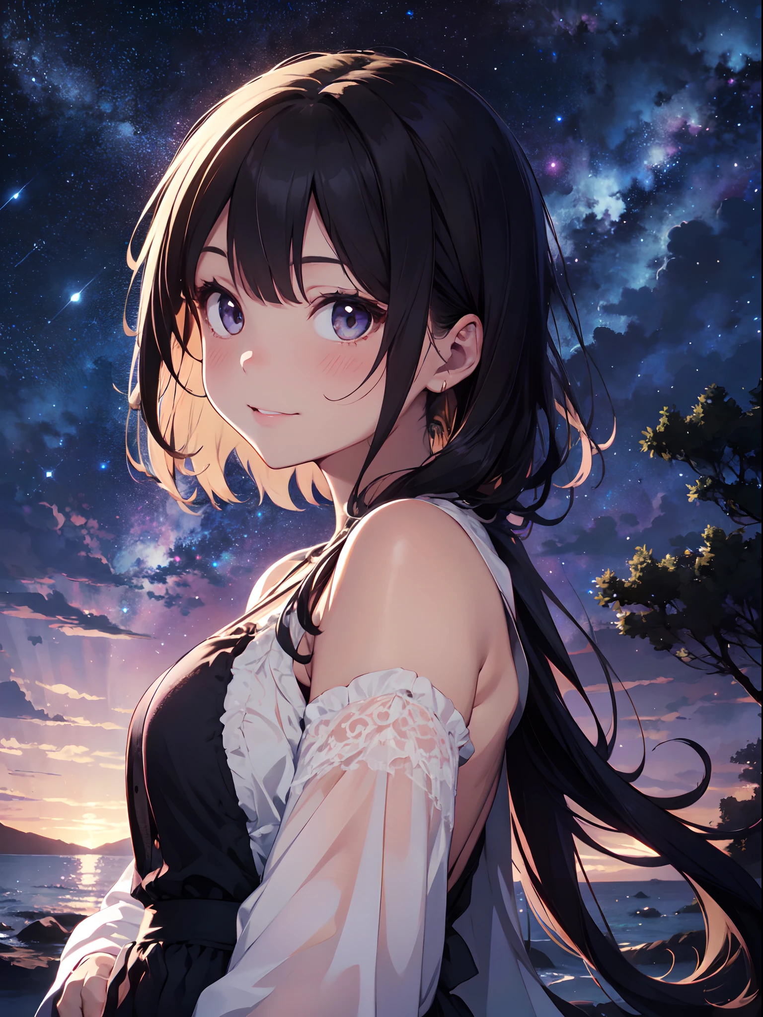 1girl, solo, gentle smile on her face flat chest, short hair, black hair, upper body, ((masterpiece, illustration, best quality)) ((best quality)), ((masterpiece)), (detailed), On the top of the mountain at night,The girl crouched on the ground looking at the night sky in the distance