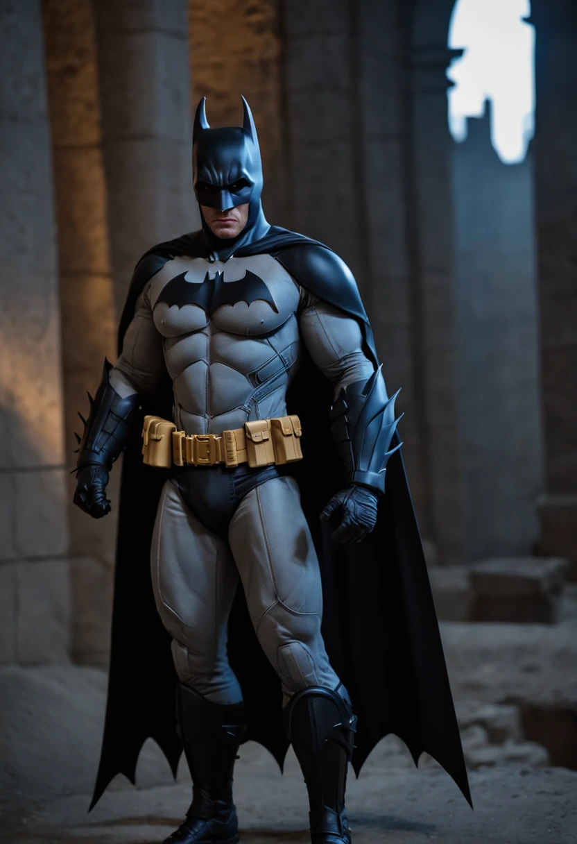 Batman from the dark knight stands imposing in a gothic lost city. Moonlight highlights your muscles and scars. The scenery is lush and mysterious, with futuristic tech and surroundings. The camera details everything, a warrior woman, in front of him.