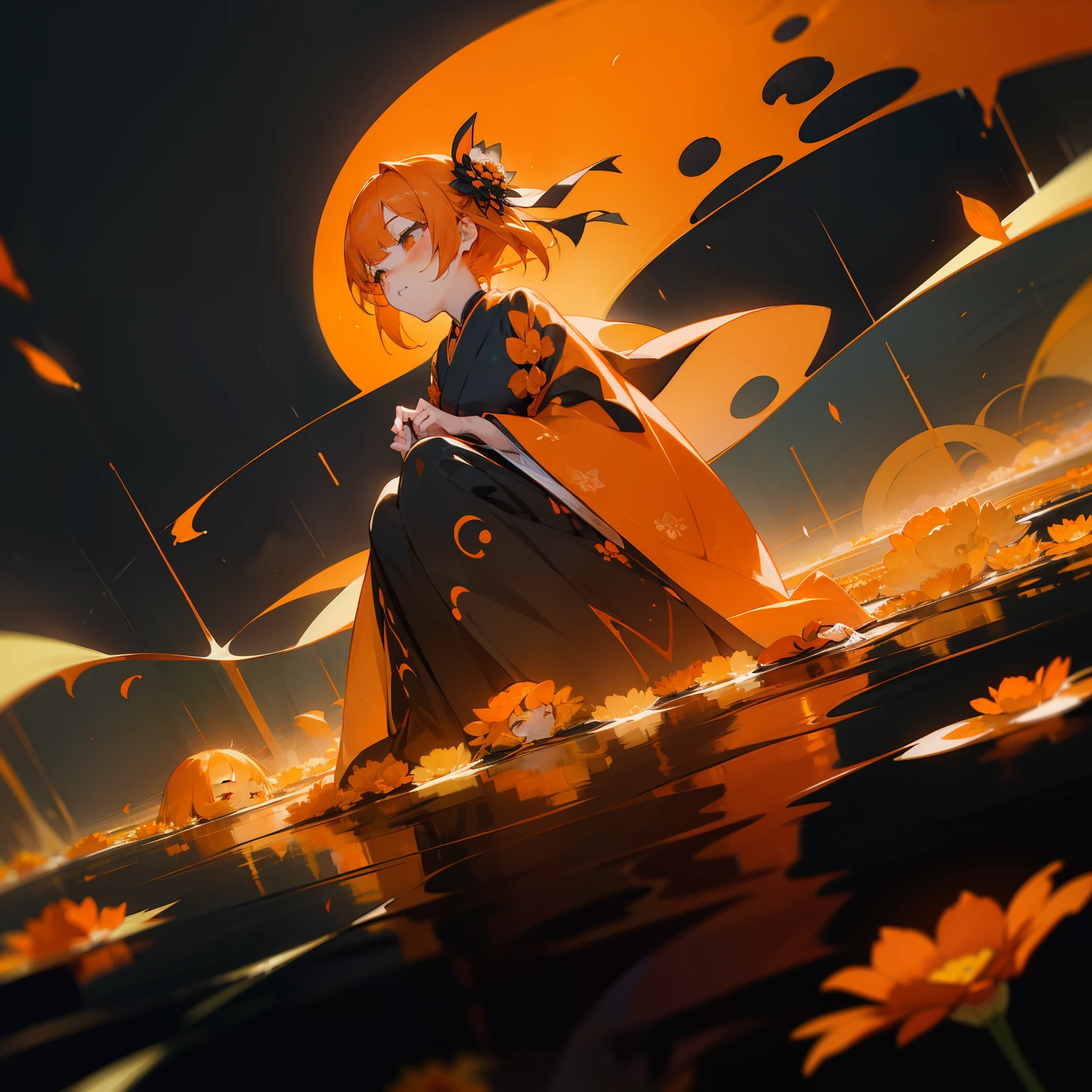 (Beautifully Aesthetic:1.2)、(1girl in:1.3)、(Black and orange colorful hair:1.2)、Orange and black kimono、Fantastical、wretched、Orange and yellow marigolds are blooming、natta、Sad face、