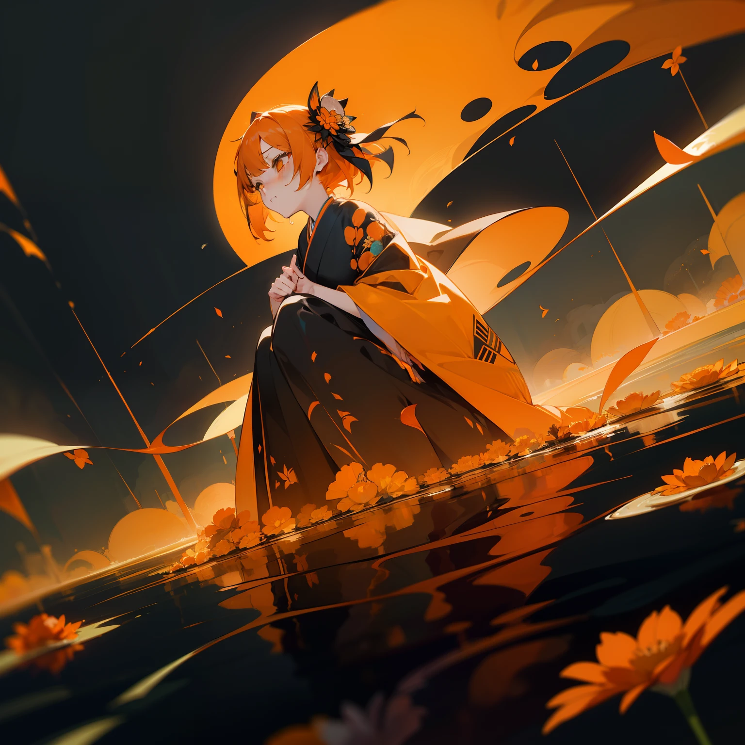 (Beautifully Aesthetic:1.2)、(1girl in:1.3)、(Black and orange colorful hair:1.2)、Orange and black kimono、Fantastical、wretched、Orange and yellow marigolds are blooming、natta、Sad face、
