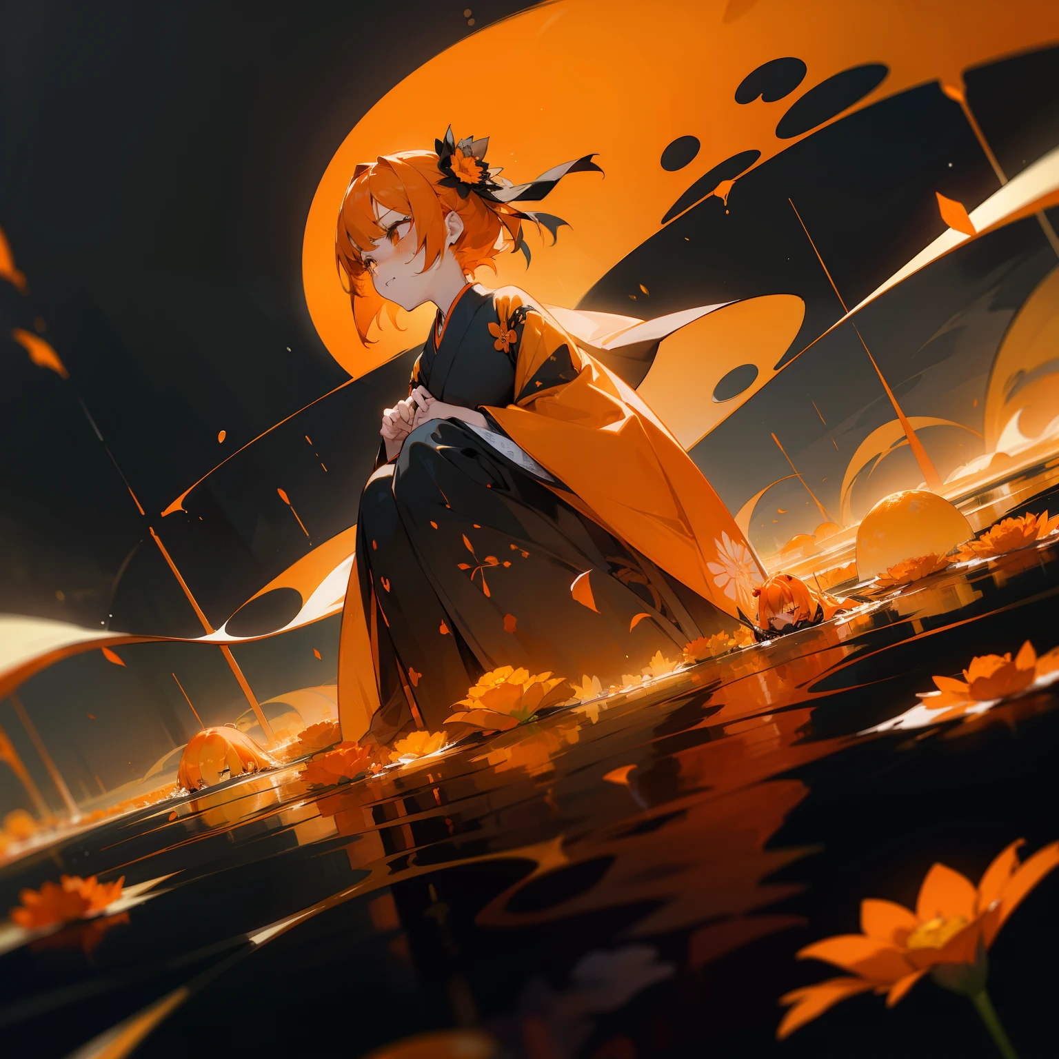 (Beautifully Aesthetic:1.2)、(1girl in:1.3)、(Black and orange colorful hair:1.2)、Orange and black kimono、Fantastical、wretched、Orange and yellow marigolds are blooming、natta、Sad face、