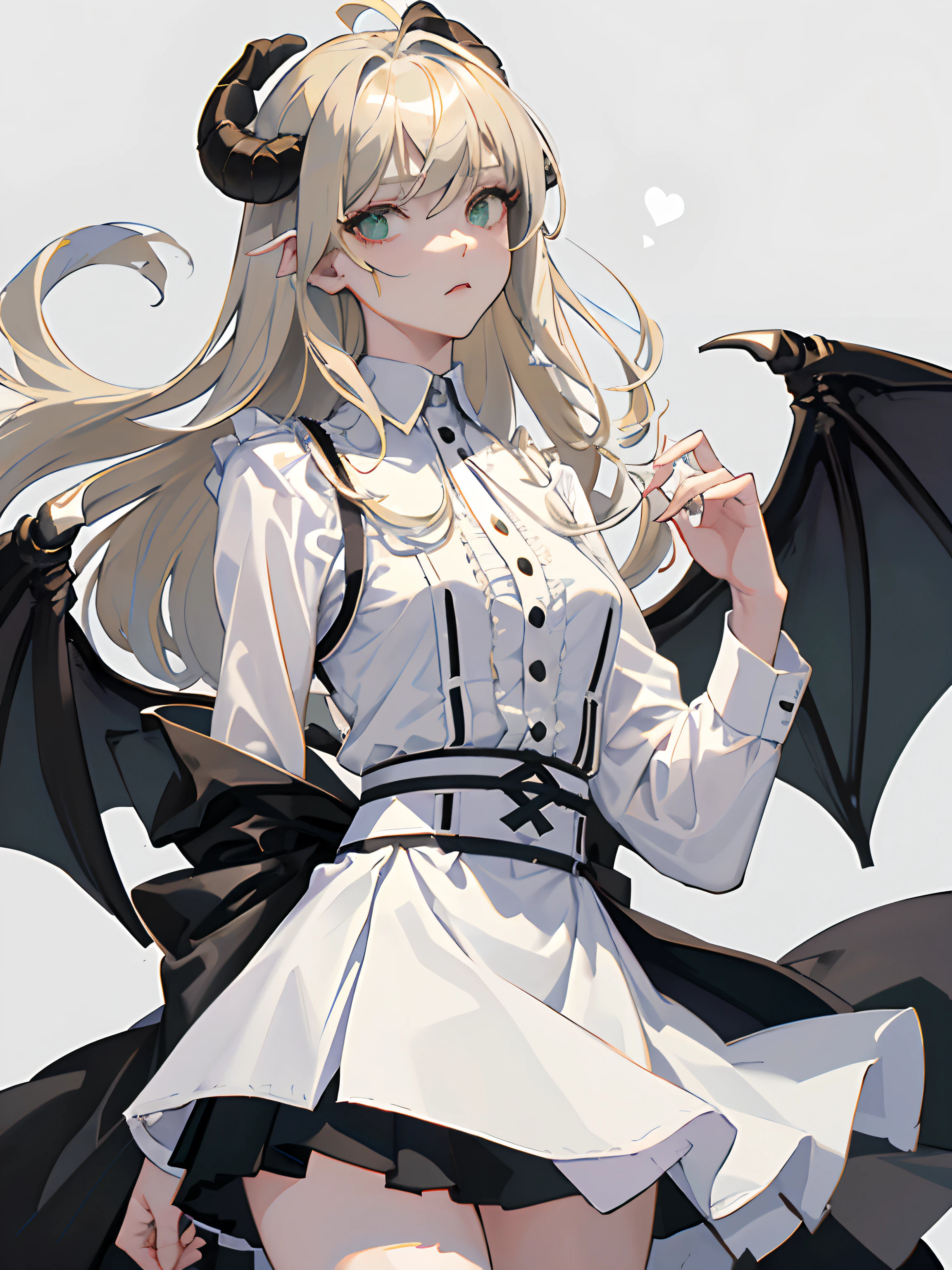 ((masterpiece, best quality)), (1girl), (solo), (female focus), (ahoge, ash blonde hair, long hair), green eyes, ((white shirt), (buttoned shirt)), ((black skirt), (short skirt)), standing, white background, arms behind back, bat wings on the waist, sheep horns, sad eyes, cold facial expression