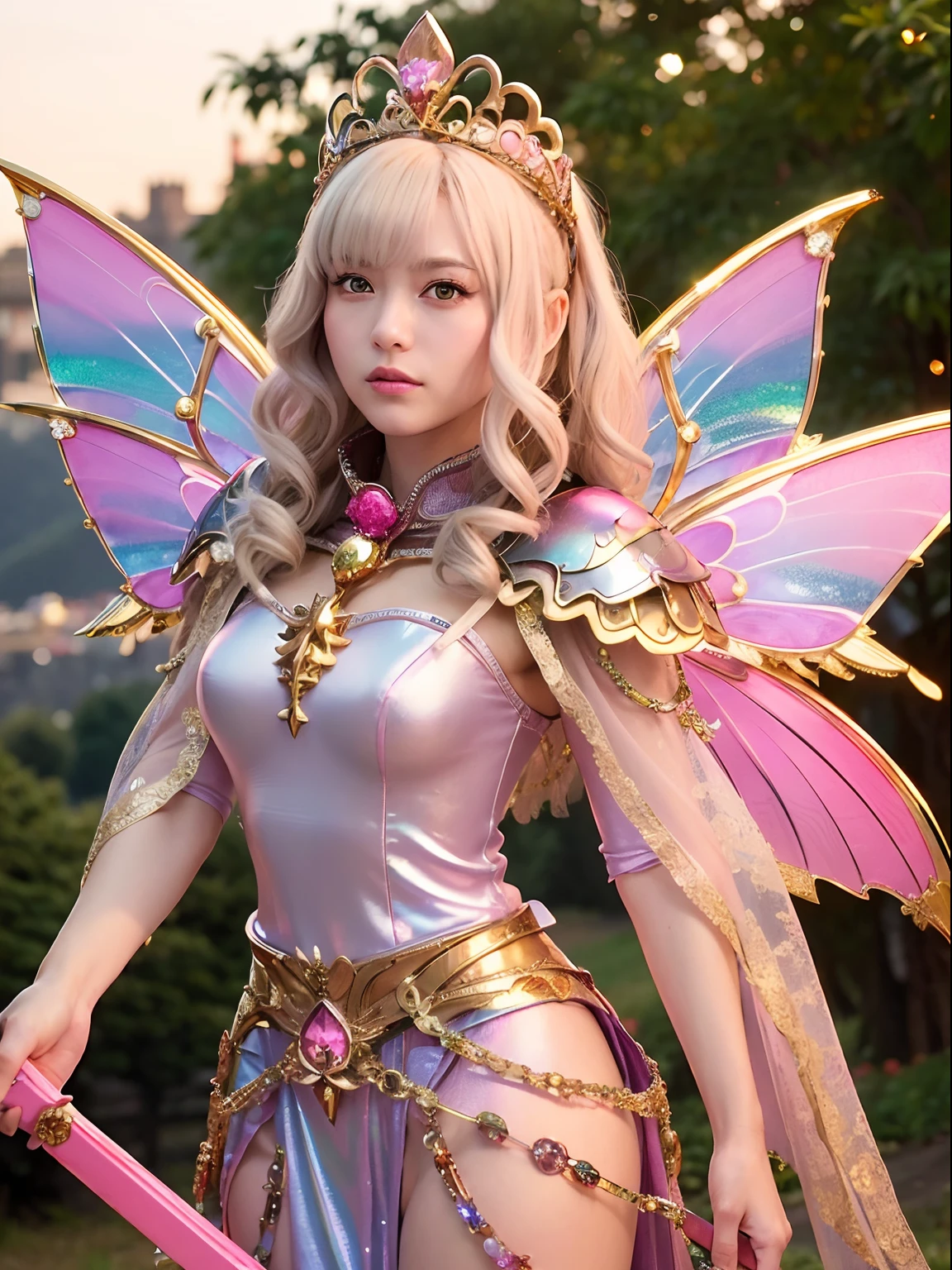 (masutepiece), Professional , ​masterpiece、top-quality、photos realistic , depth of fields （Gemstone Silver Metal Body:1.９),(Matte Pink、Jewel Gold Weapon、（Gorgeous castle background）、（ultimate beauty girl）、（Iridescent fairy wings grow on the back）、（Jewel Metal Body:1.９),Gorgeous Jewel Metal Weapons , Detailed Sword of the Brave ,（ a blond）   ,warhammer 40k , adepta sororitas,Detail and ornate jewel crown、独奏、Brown hair、（Gangle's forest background）、Beautiful Caucasian beauty、１a person、dynamic ungle,(((Diamond tiara with detail and luxury)))、a small face、Powerful poses、（Gorgeous castle background）、huge filesize、20 year old beautiful woman、Stand in the center of the screen、Thin female fingers、Straight long hair、Beautiful Caucasian beauty、（Valley）、face forwards、Look at viewers、