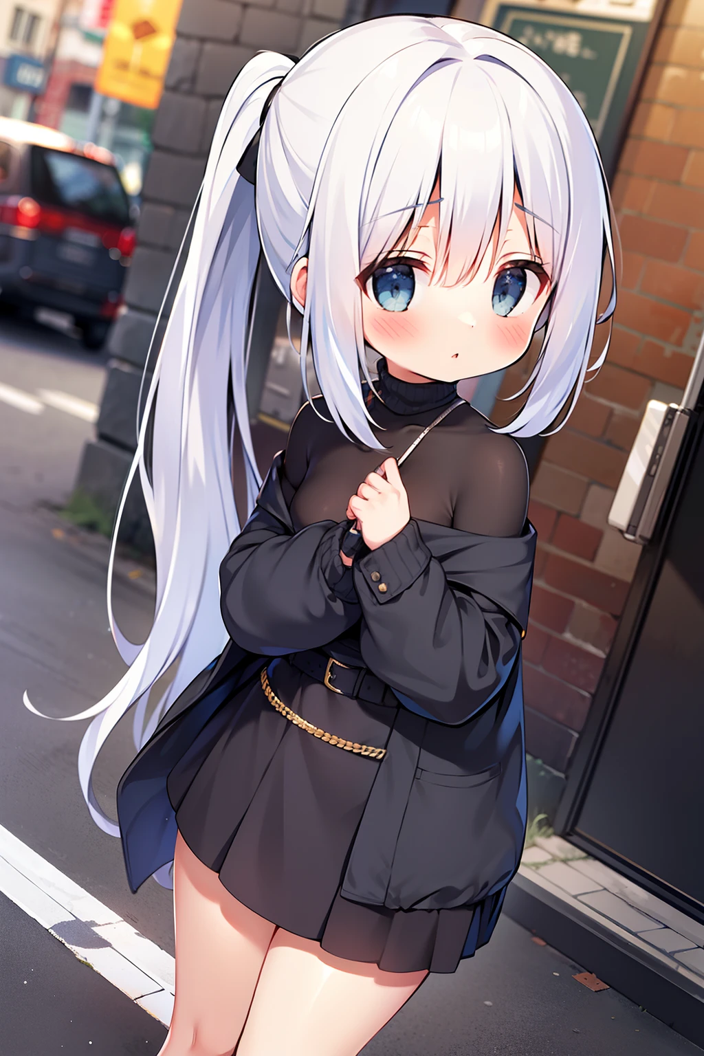 All over a girl standing on the street with double ponytail white hair tight long sleeves striped turtleneck brown short coat off-the-shoulder black high waist belt decoration pleated skirt high top canvas shoes white socks