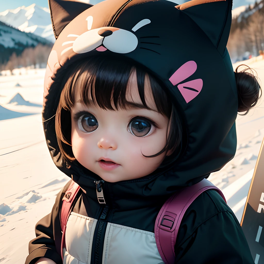 4K HD quality，funny scene details，A cute chubby ，Double bun and bangs，largeeyes，Wear a cat hood，Very happy，skiing