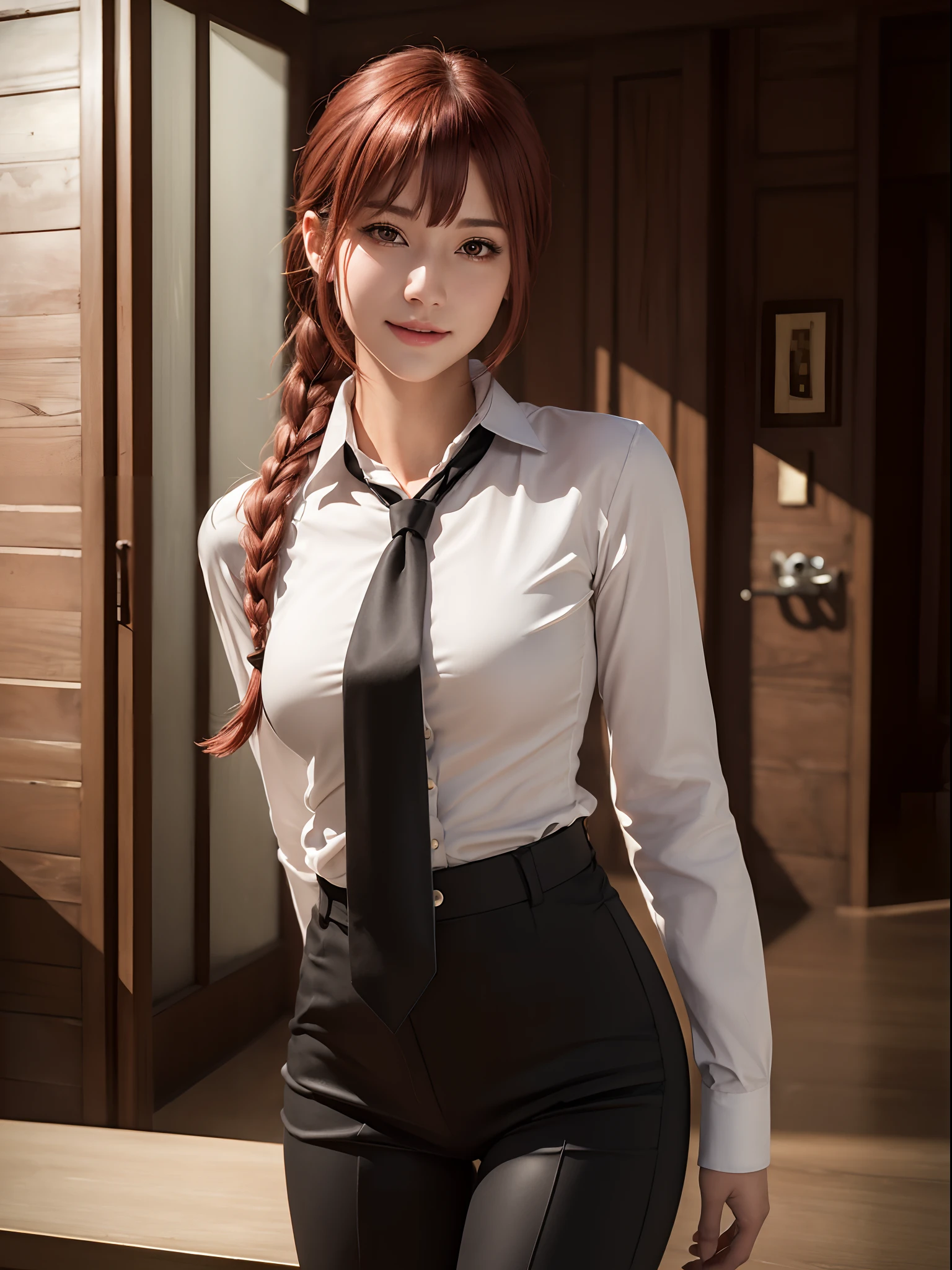 (masterpiece, best quality:1.4), (full body:1. 5) (standing:1.5), makima \(chainsaw man\), 1girl, bangs, indoors, black necktie, black pants, braid, braided ponytail, collared shirt, highres, long hair, long sleeves, necktie, red hair, ringed eyes, shirt, sidelocks, solo, uniform, white shirt, yellow eyes, medium breasts, beautifull smile, beautiful face, highly detailed face, highly detailed eyes, highly detailed skin, skin pores, subsurface scattering, realistic pupils, full face blush, full lips, depth of field, volumetric lighting, sharp focus, absurdres, realistic proportions, good anatomy, (realistic, hyperrealistic:1.4), 16k hdr