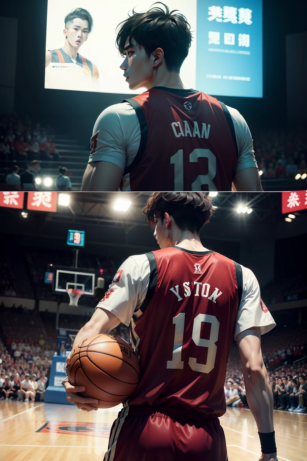 Li Bai and Cai Xukun faced off fiercely on the basketball court,The atmosphere is fiery,Two handsome men showed their skills,The audience cheered,The focus is on them,Action-packed shots capture every moment,Energetic and passionate。