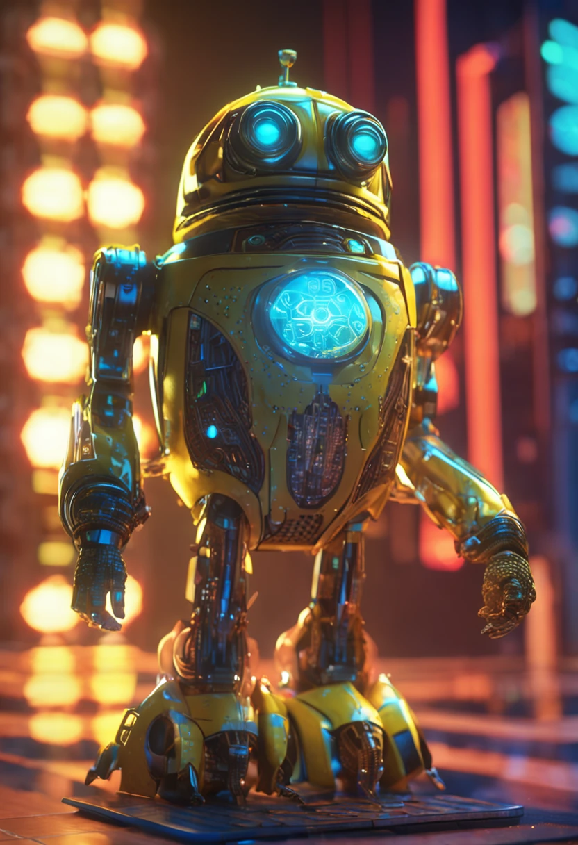 droid,an anthropomorphic turtle,Wearing a pale yellow dress with a star pattern,Transparent machinery,Cyberpunk, dreamy glow, luminous neon lights, ( Global illumination, Ray traching, hdr, unreal render,reasonable design, high detal, Masterpiece, Best quality, hyper HD, Cinematic lighting),