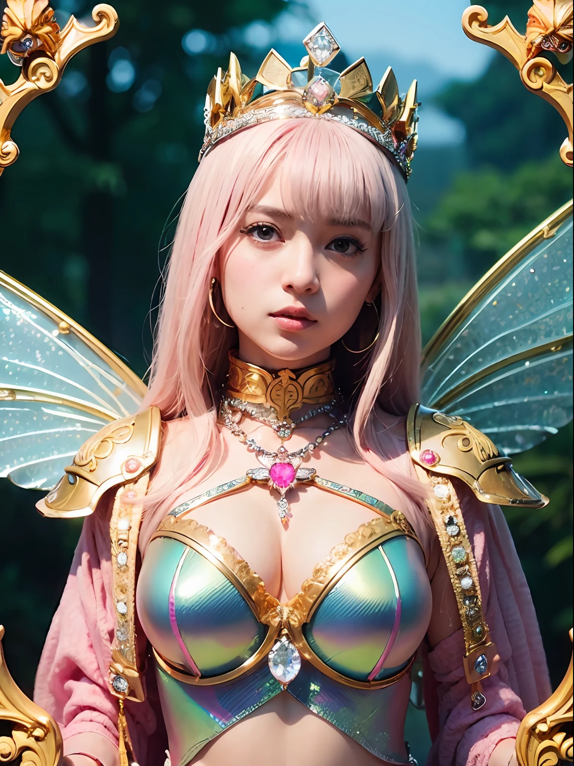 (masutepiece), Professional , masterpiece、top-quality、photos realistic , depth of fields (Gemstone Silver Metal Body:1.9),(Matte Pink、Jewel Gold Weapon、(Gorgeous castle background)、(ultimate beauty girl)、(Iridescent fairy wings grow on the back)、(Jewel Metal Body:1.9),Gorgeous Jewel Metal Weapons , Detailed Sword of the Brave ,( a blond) ,warhammer 40k , adepta sororitas,Detail and ornate jewel crown、独奏、Brown hair、(Gangle's forest background)、Beautiful Caucasian beauty、1a person、dynamic ungle,(((Diamond tiara with detail and luxury)))、a small face、Powerful poses、(Gorgeous castle background)、huge filesize、20 year old beautiful woman、Stand in the center of the screen、Thin female fingers、Straight long hair、Beautiful Caucasian beauty、(Valley)、Hair fluttering in the wind、face forwards、Look at viewers、