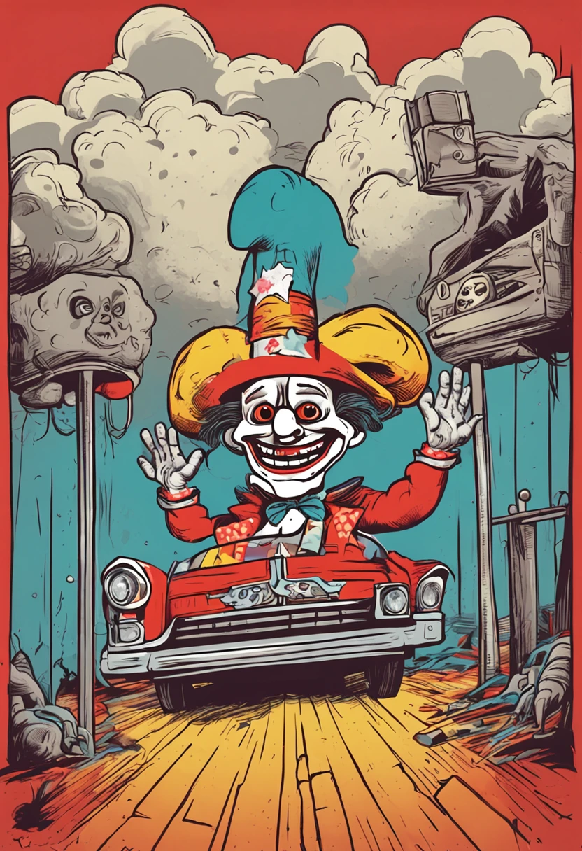 A cartoon drawing of Bozo The Clown and Svengoolie as inseparable best friends in the style of 1980s Garbage Pail Kids.