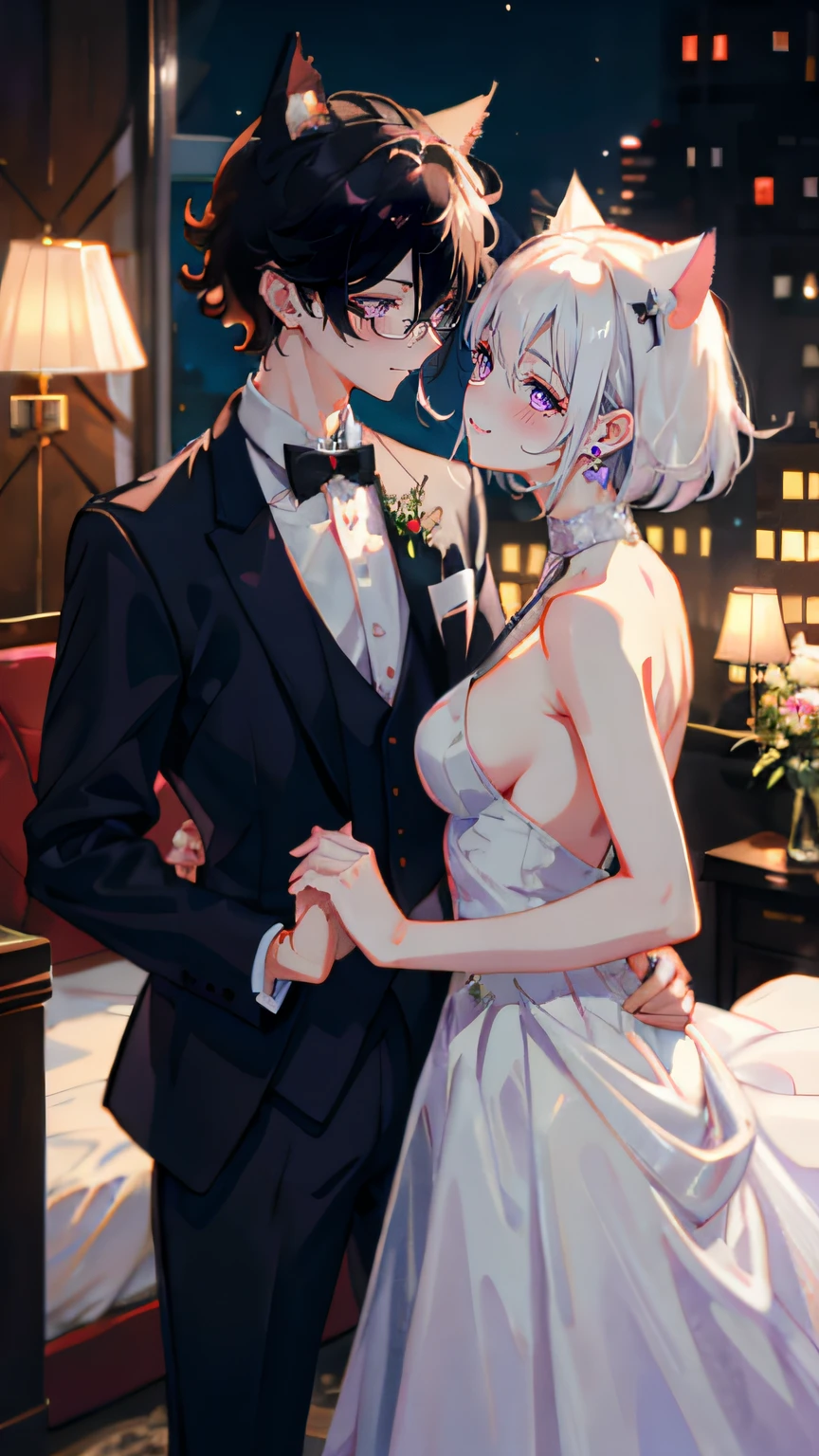 (1boy and 1girl), (cat ears:1.2), short hair, silver hair, white hair, purple eyes, masterpiece, pov, medium breast, absurdres, messy hair, cute smile, winking, blushing, nice hands, boy in a tuxedo suit, girl in a wedding dress, naked backs can be seen through the gaps in the wedding dress, holding hands, (heart in the pupils:0.2), floating heart, heart earrings, white hair, full-face blush, looking at another, face-to-face, in the hotel room, cityscape at night.