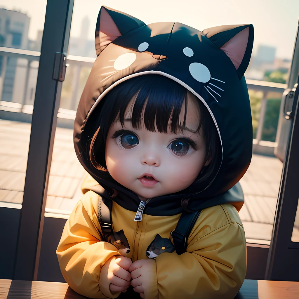 4K HD quality，funny scene details，A cute chubby ，Double bun and bangs，largeeyes，Wear a cat hood，Very happy，park