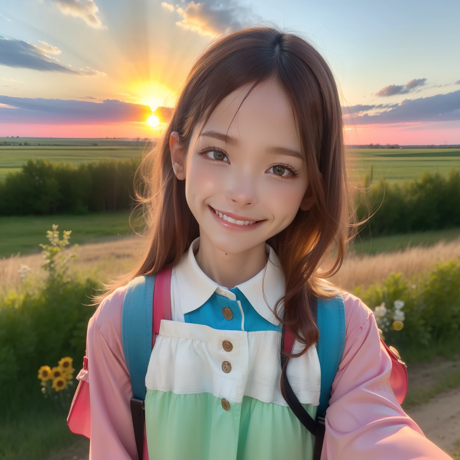 A fourteen-year-old girl smiled at me on the prairie,At this time, the sun is setting