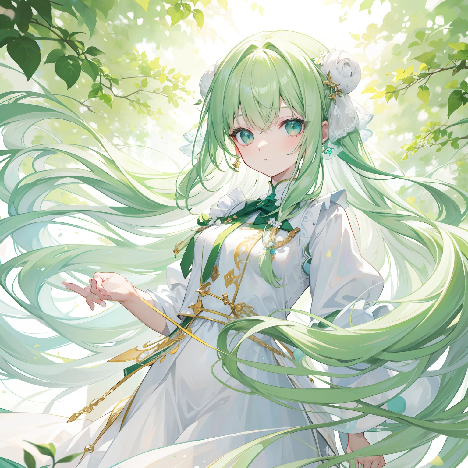green color,long whitr hair,White,Milky clothes