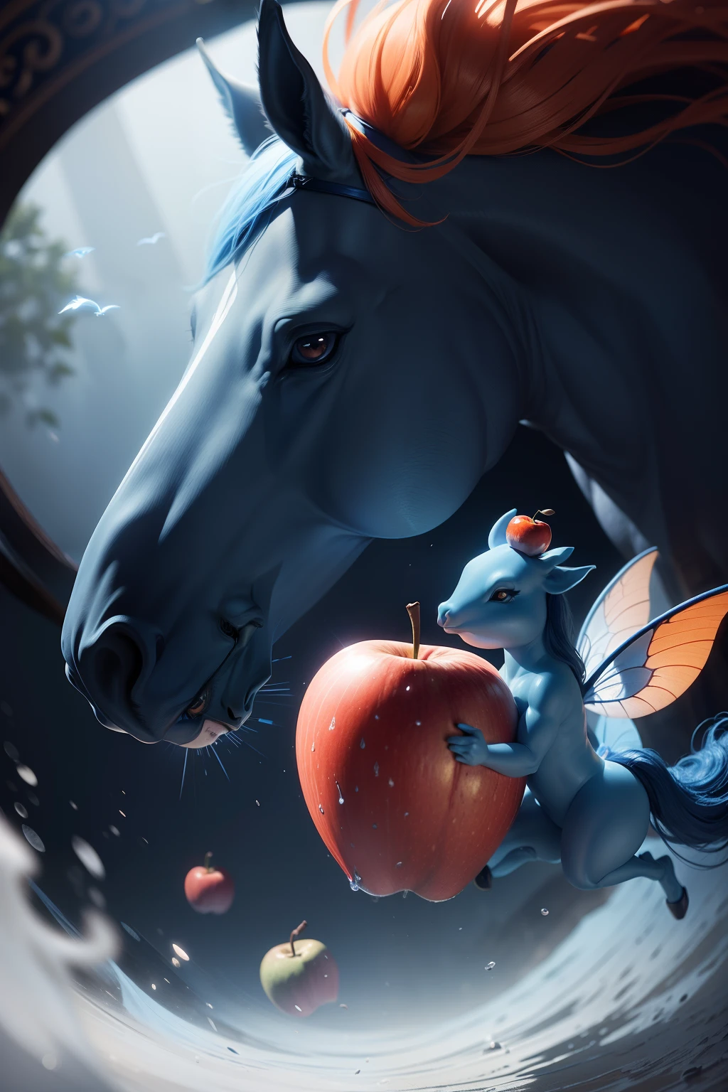 dynamic scene. Fairy tale. Mixed flying: hose+horse+apple creature, close-up, cartoonish, ultra-realistic, cinematic, dark blue and light orange light, light haze, blurred background