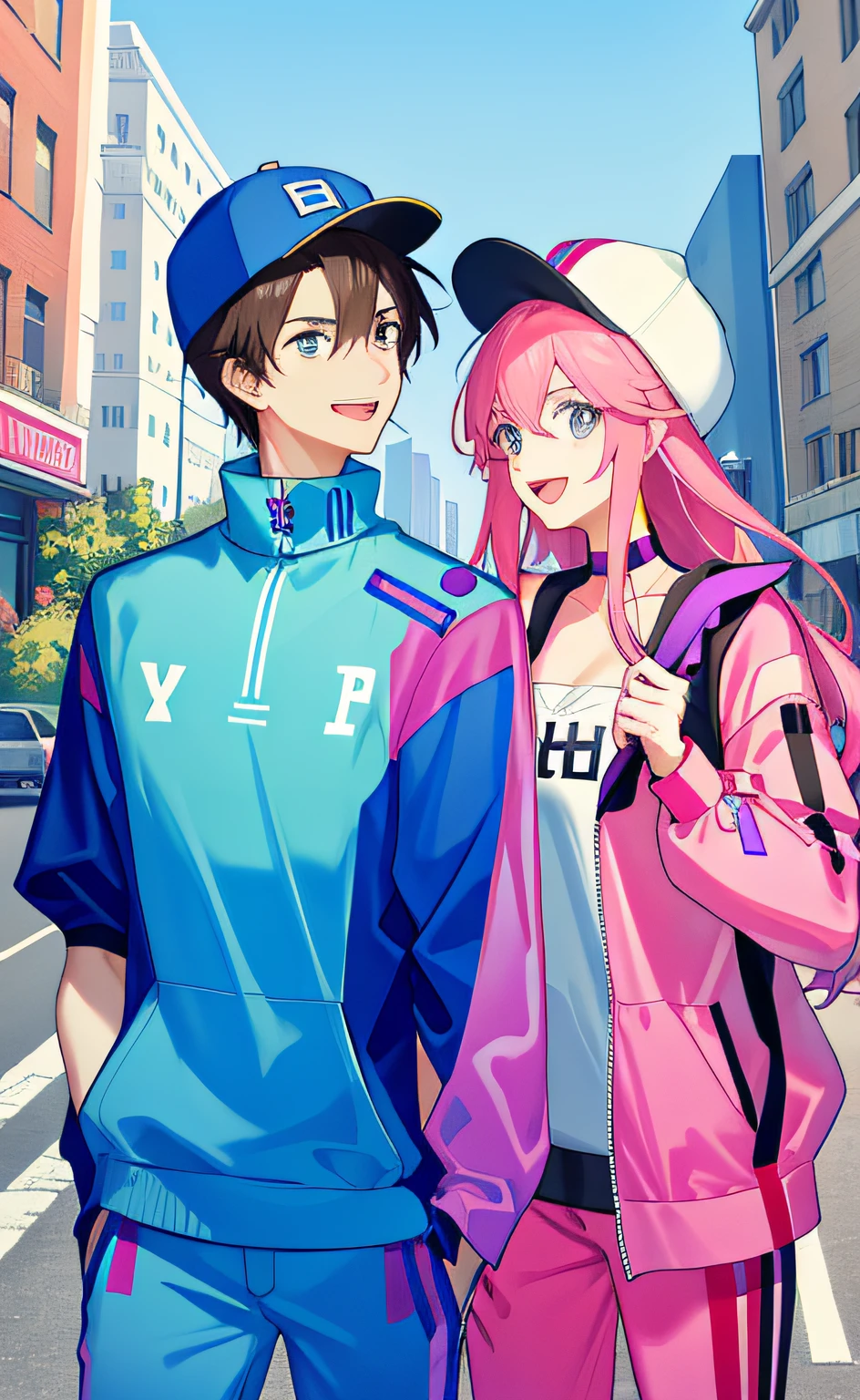 tmasterpiece,Need,2guys,couple,1man with 1woman,Height difference,having fun,Love,ssmile,leisure wear,Oversized,Different fashions,Modern urban streets,face to face,Hats