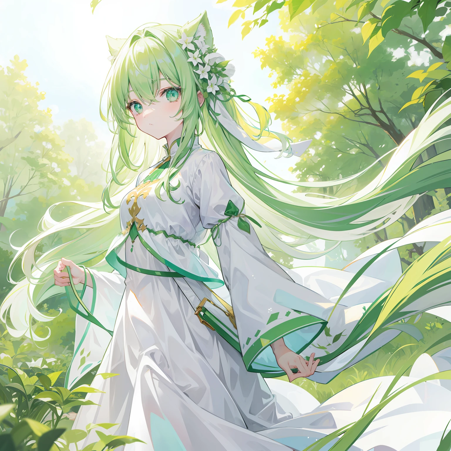 green color,long whitr hair,White,Milky clothes