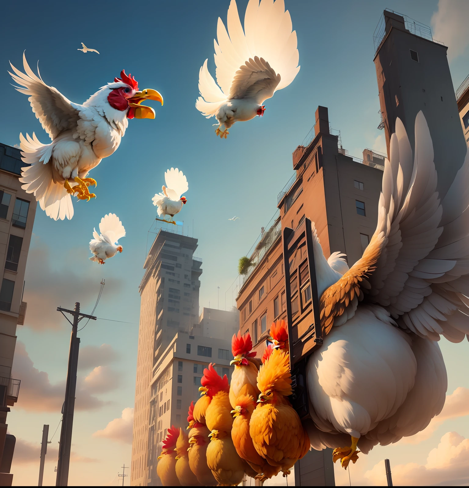 Huge flying chickens appeared in the sky