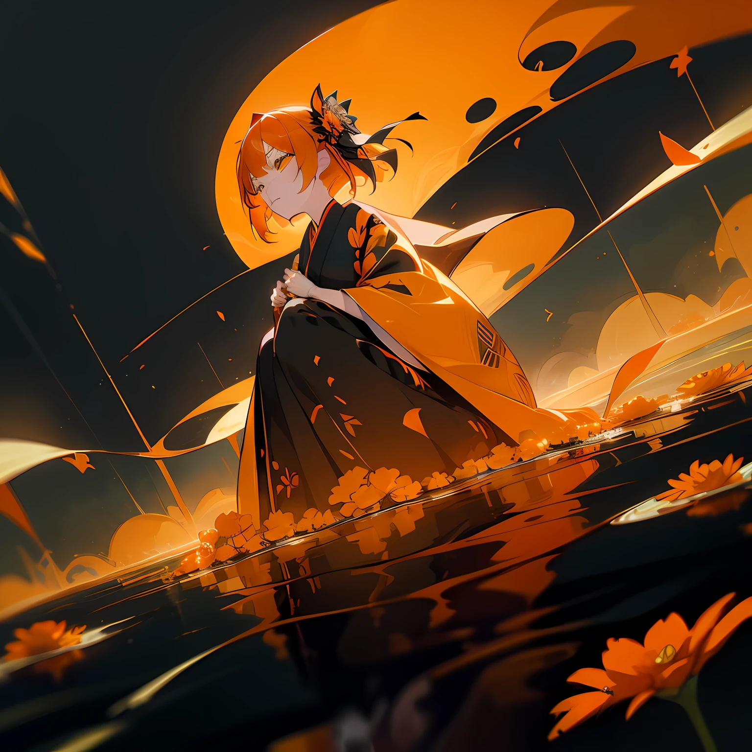 (Beautifully Aesthetic:1.2)、(1girl in:1.3)、(Black and orange colorful hair:1.2)、Orange and black kimono、Fantastical、wretched、Orange and yellow marigolds are blooming、natta、Sad face、