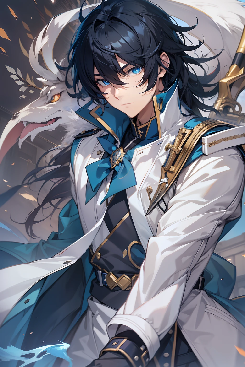 Medium black hair, Blue eyes, Man in blue and white uniform, cavalier,scythe,废墟,detailed anime character art, illustratio