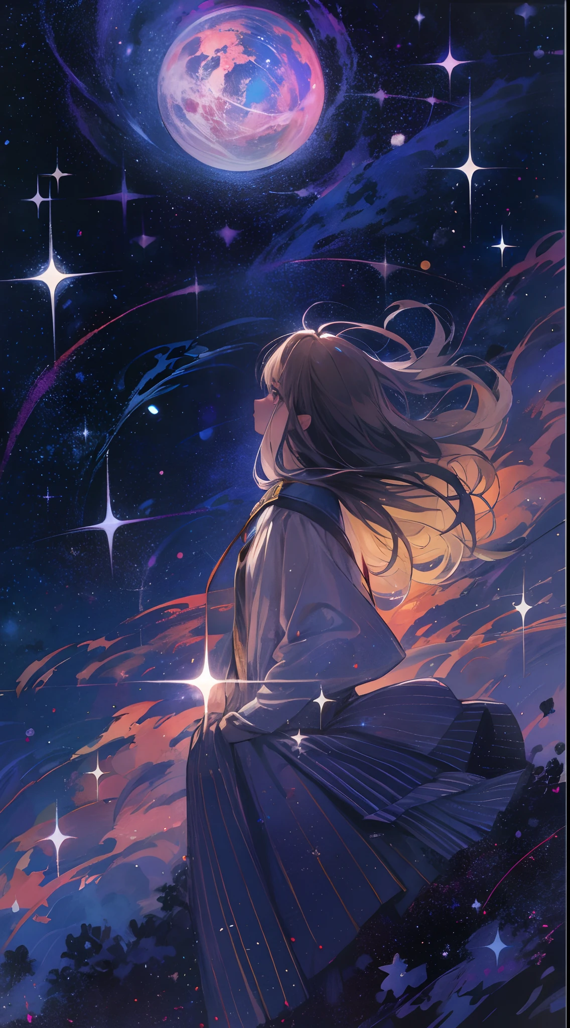 1girl, long hair, looking at the sky, starry sky, stars, bright night, galaxies, planets