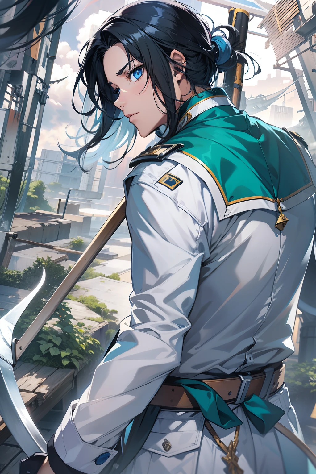Medium black hair, Blue eyes, Man in blue and white uniform, cavalier，scythe，废墟，detailed anime character art, illustratio
