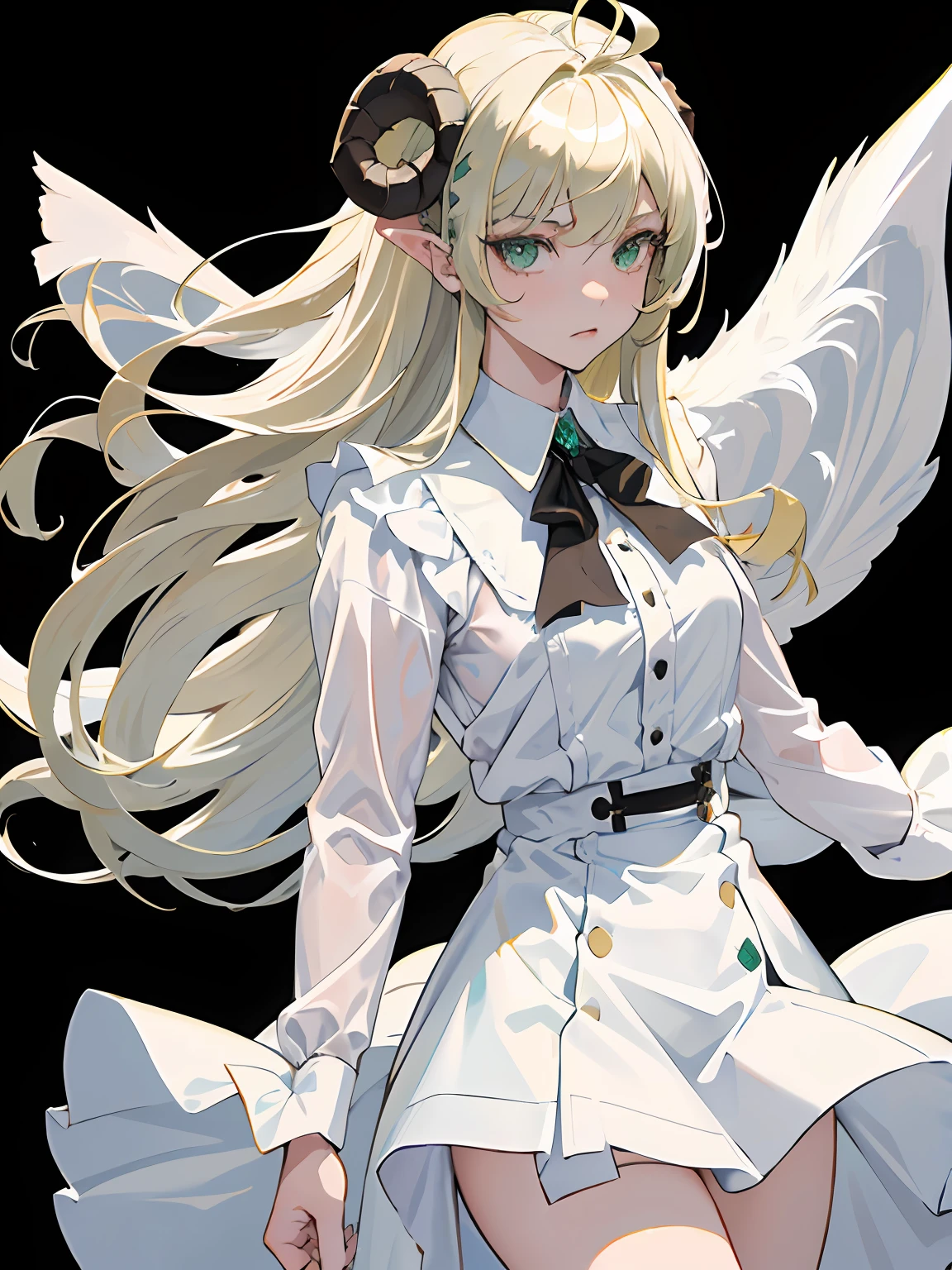 ((masterpiece, best quality)), (1girl), (solo), (female focus), (ahoge, ash blonde hair, long hair), green eyes, ((white shirt), (buttoned shirt)), ((black skirt), (short skirt)), standing, white background, arms behind back, bat wings on the waist, sheep horns, sad eyes, cold facial expression