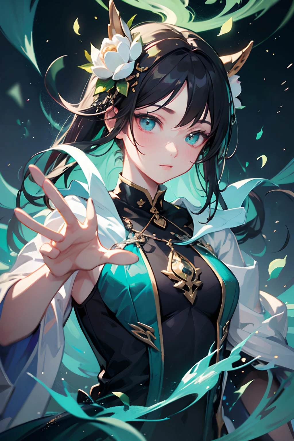 An anime characters in Tang suit robes, handsome guys, long black hair, outstretched hand five fingers holding a glass fire lotus flower formed by emerald green flames, in the style of made of liquid metal, enchanting realms, unreal engine, xbox 360 graphics, animated gifs, light emerald and sky-blue, intense close-ups, enchanting realms, intel core, made of glass, animated energy, group material, unicorncore 3.in the style of yuumei, joel robison, detailed facial features, animated gifs, close-up, wiccan, chase stone  -process --auto --s2