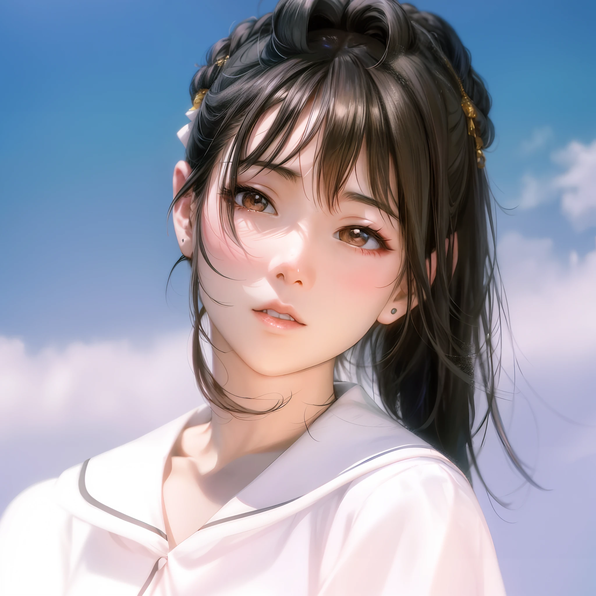 style of anime,the detail,Long flowing hair,Fresh round face,arafed asian woman with long hair and a white shirt, lalisa manobal, chiho, inspired by Ma Yuanyu, xintong chen, shikamimi, Yoshitomo Nara, ulzzangs, girl cute-fine face, sakimichan, headshot profile picture, chengyou liu, Chinese girl