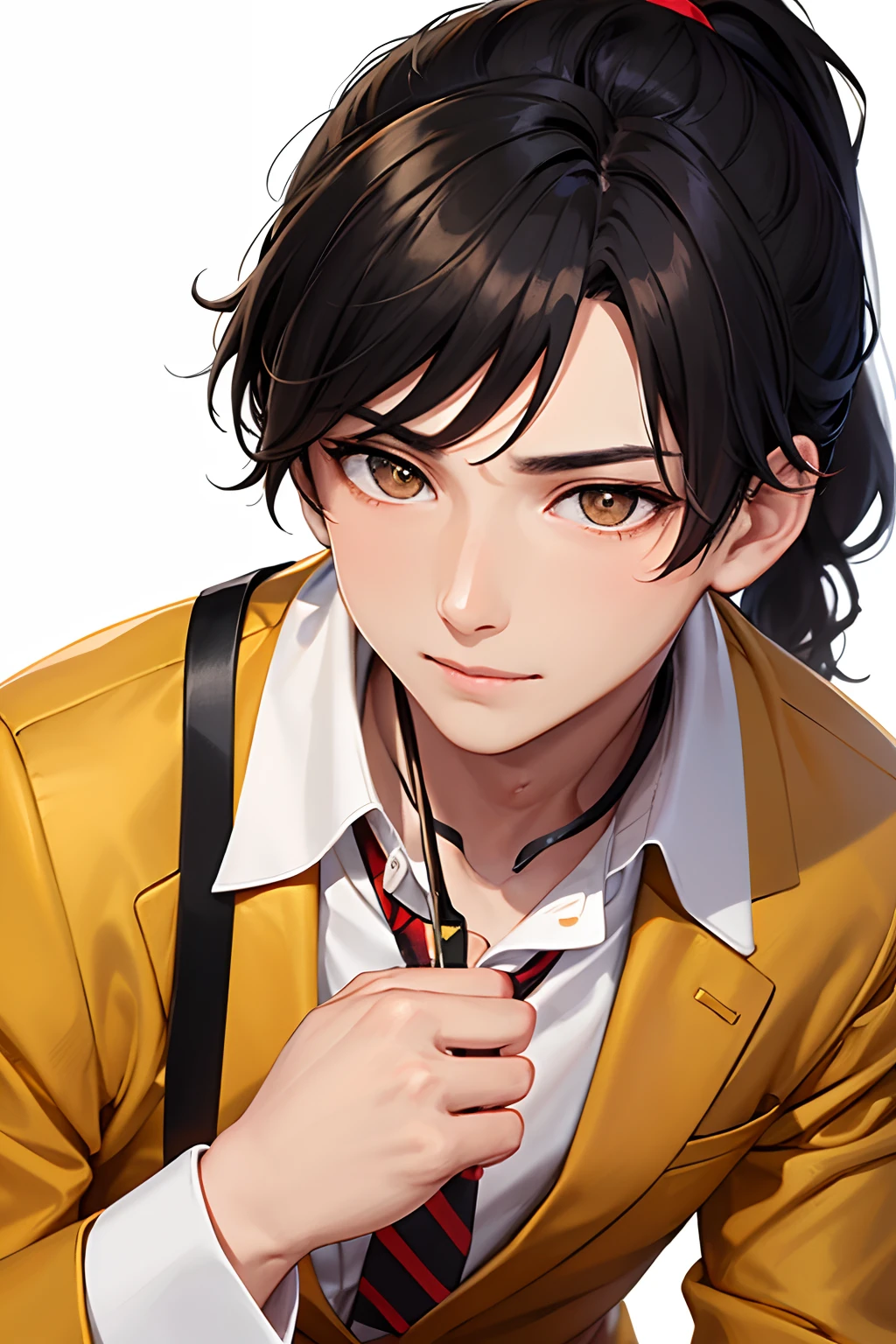 1boy, solo,handsome, 15 years old, black hair, brown pupils, ponytail, half up half down ponytail, warm color, golden hour light, white shirt, red and yellow striped tie, red uniform suit jacket, naughty expression, light smile, mouth close, —auto—