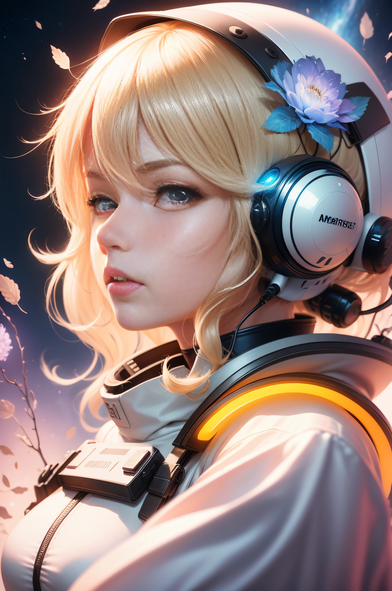 a sticker,Detailed portrait of a beautiful astronaut woman full of hope，Has wavy blonde hair,nier:automata inspired,bravely default inspired,A dynamic but dull but exhilarating cosmic projection,space nebula background,smooth,bold colour,expressionistic