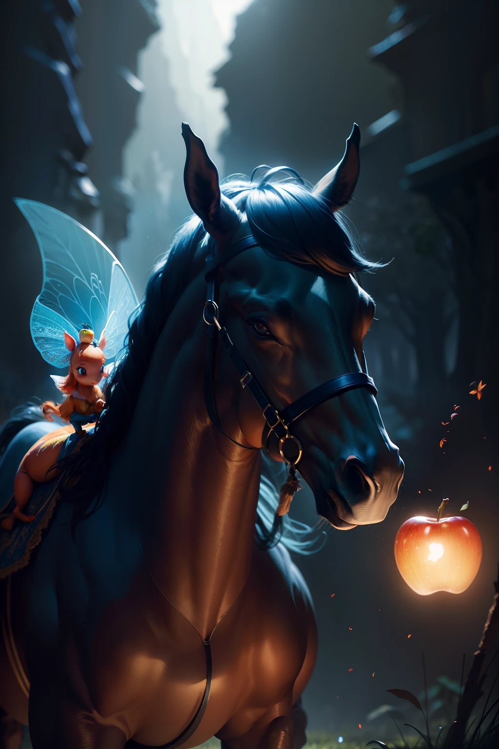dynamic scene. Fairy tale. Mixed flying: hose+horse+apple creature, close-up, cartoonish, ultra-realistic, cinematic, dark blue and light orange light, light haze, blurred background