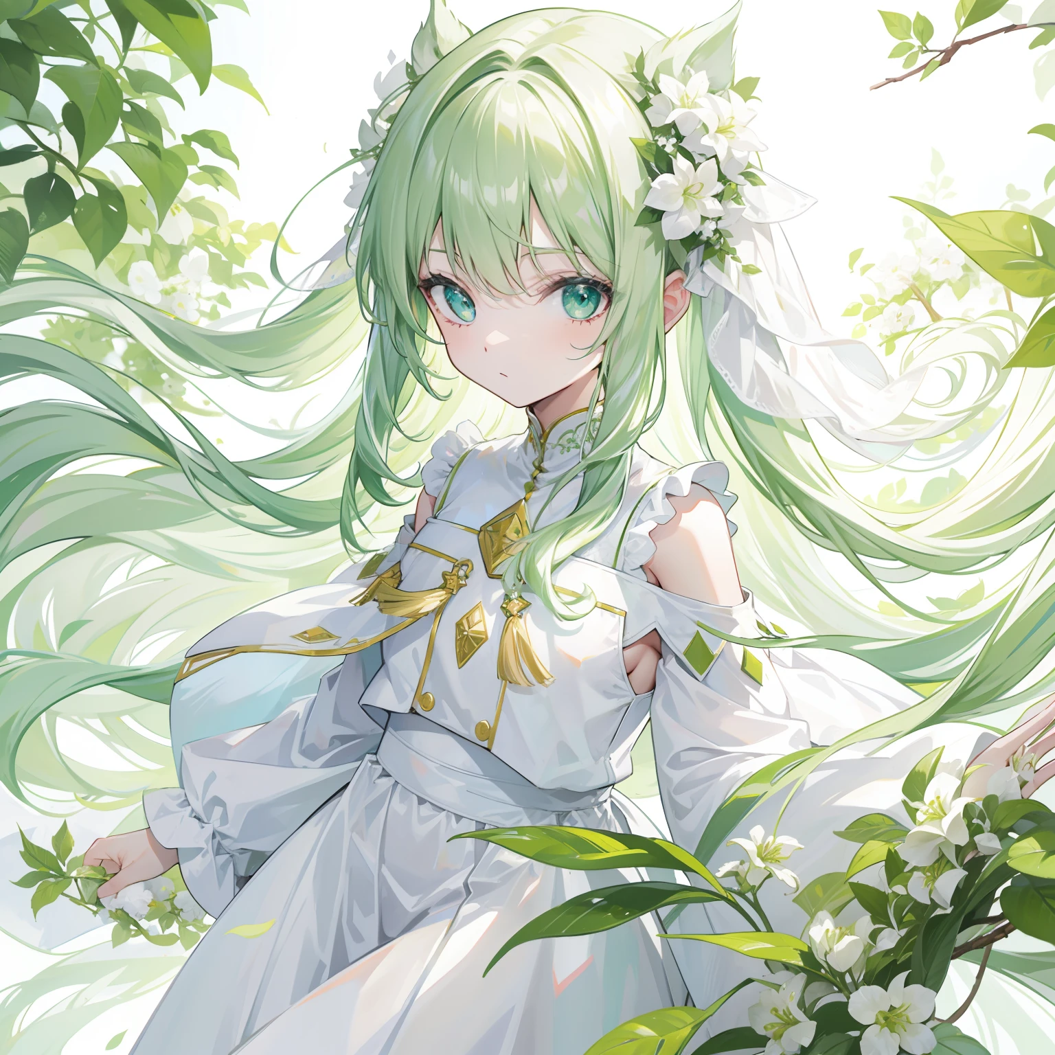green color,long whitr hair,White,Milky white clothes