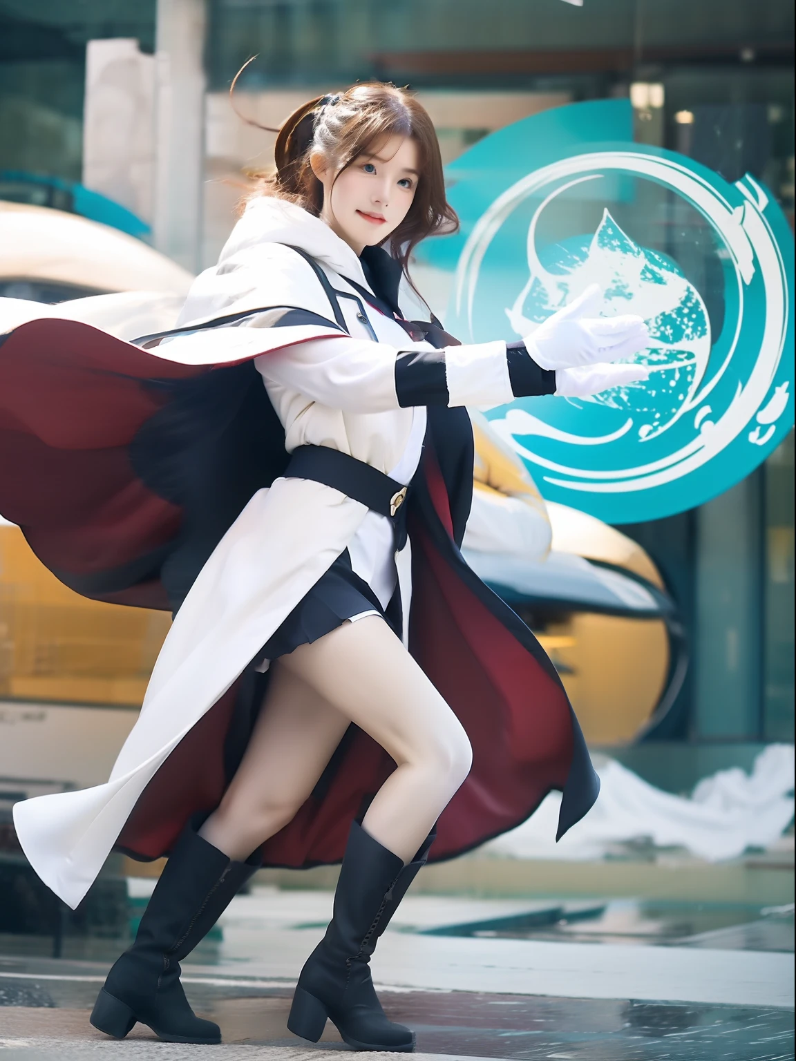 Nature Guardian Typhoon Lady. Wearing a typhoon symbol uniform，White cloak, Long white gloves on his hands, Wear white knee-length boots on her feet, Stand in the middle of a typhoon，Release energy to photograph the whole body