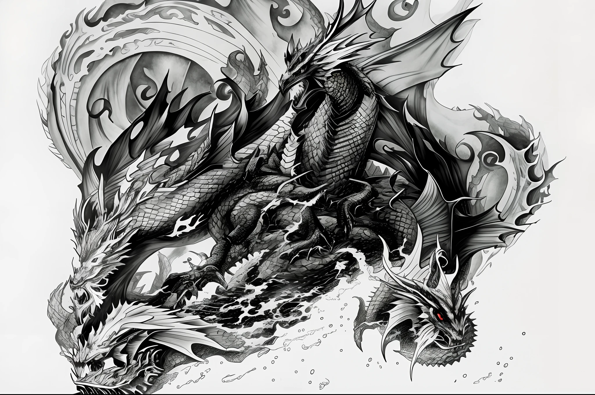 The dragon emerges from the water.