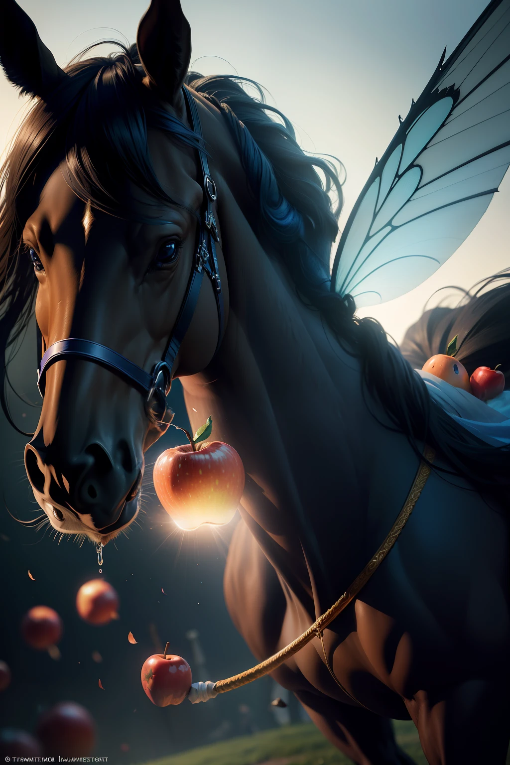 dynamic scene. Fairy tale. Mixed flying: hose+horse+apple creature, close-up, cartoonish, ultra-realistic, cinematic, dark blue and light orange light, light haze, blurred background