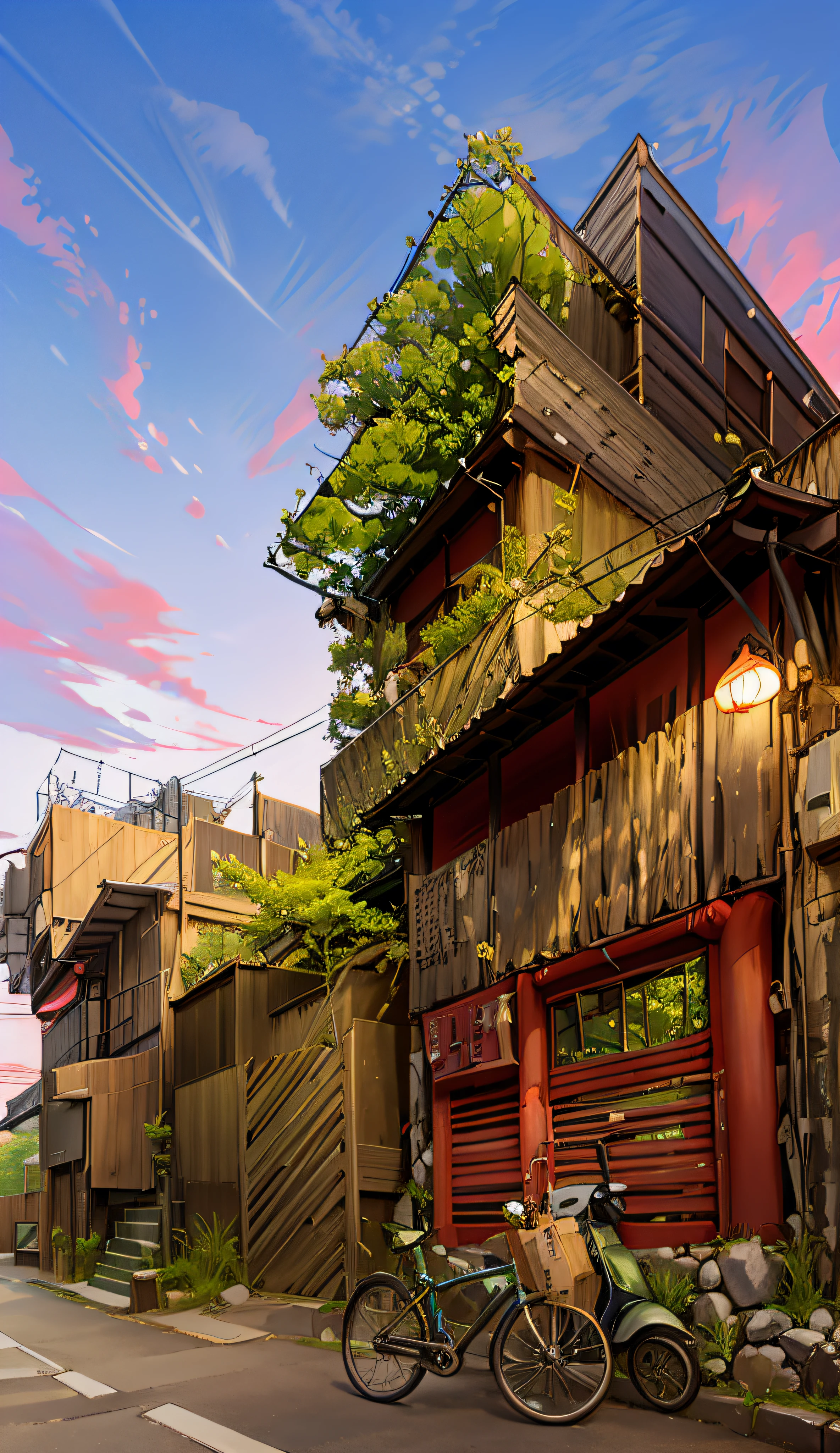 house with stone wall (Japanese town Landscape), (Hayao Miyazaki Style), cartoon, japanese rarely townhouse, road, bend, small house, tree, pole, white cloud, calm landscape, outdoor, green trees, epic composition, realistic lighting, high-definition detail, masterpiece, the best quality, (very detailed CG unified 8k wallpaper), --v6