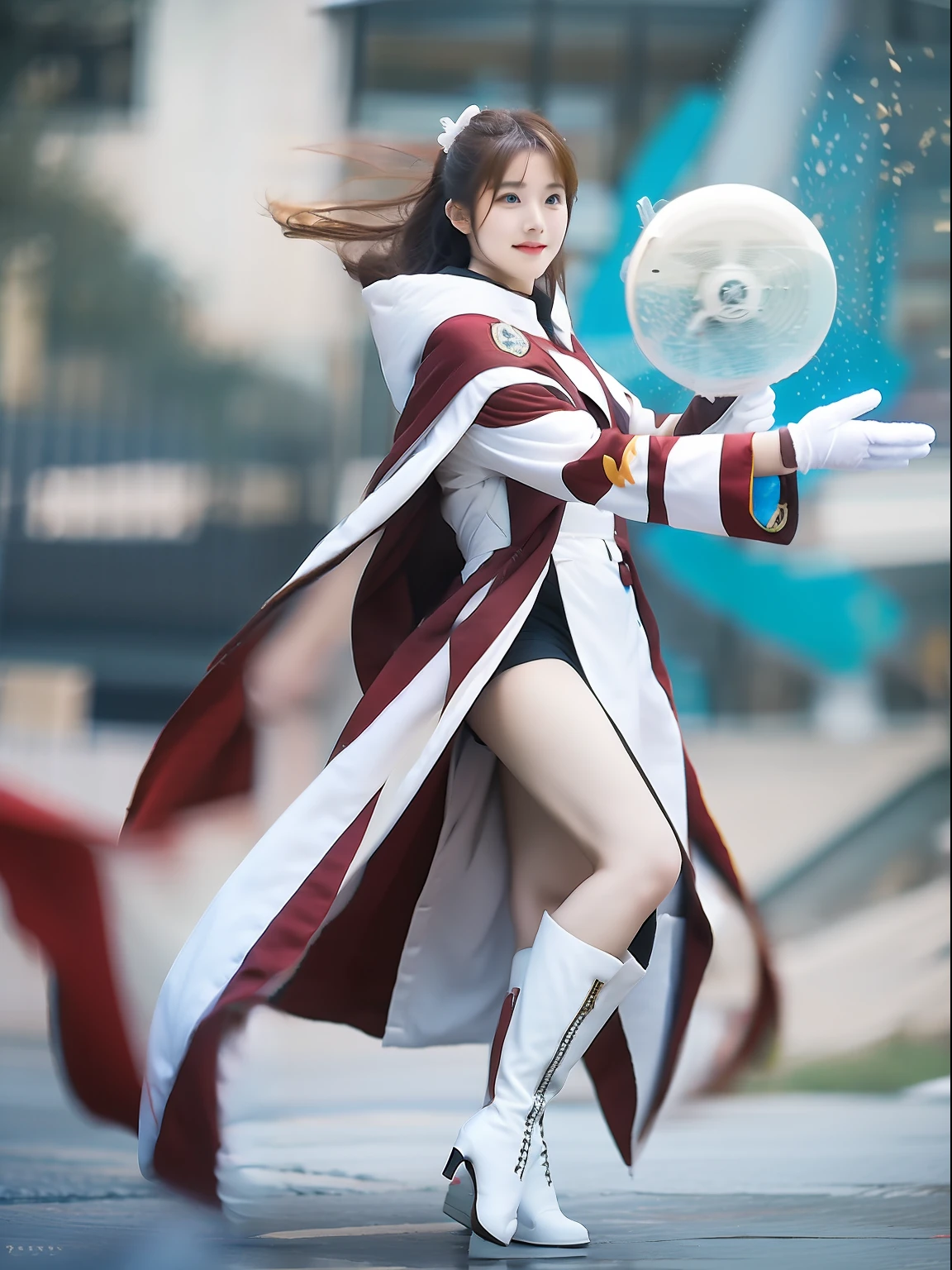 Nature Guardian Typhoon Lady. Wearing a typhoon symbol uniform，White cloak, Long white gloves on his hands, Wear white knee-length boots on her feet, Stand in the middle of a typhoon，Release energy to photograph the whole body