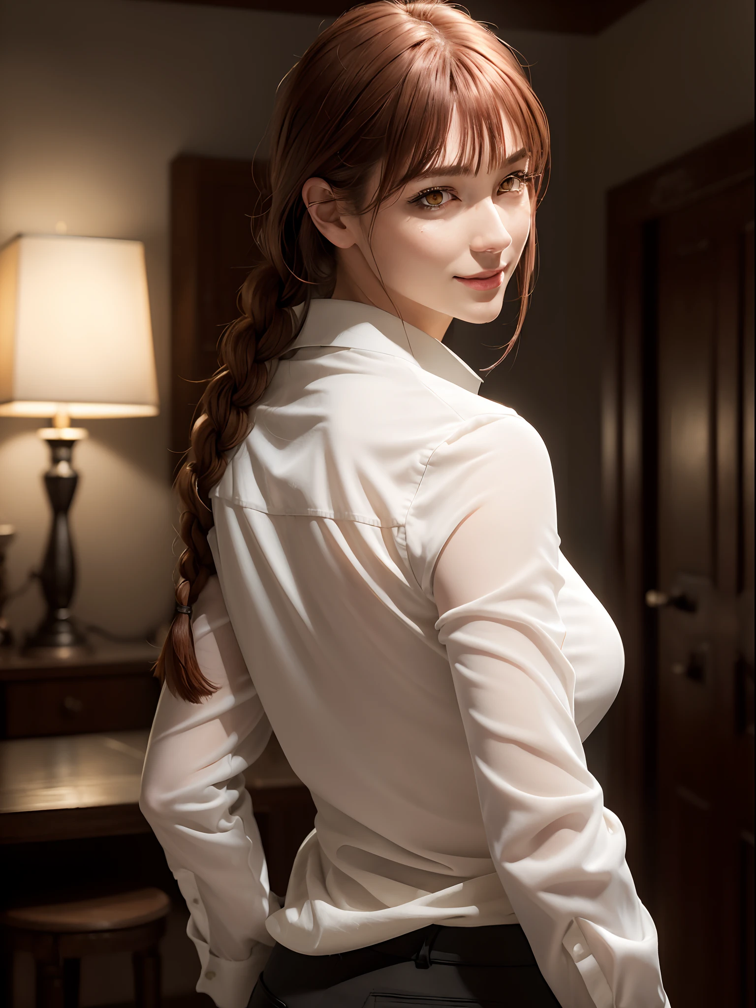 (masterpiece, best quality:1.4), (full body:1. 5) (standing:1.5), (from behind:1.5), makima \(chainsaw man\), 1girl, bangs, indoors, black necktie, black pants, braid, braided ponytail, collared shirt, highres, long hair, long sleeves, necktie, red hair, ringed eyes, shirt, sidelocks, solo, uniform, white shirt, yellow eyes, medium breasts, beautifull smile, beautiful face, highly detailed face, highly detailed eyes, highly detailed skin, skin pores, subsurface scattering, realistic pupils, full face blush, full lips, depth of field, volumetric lighting, sharp focus, absurdres, realistic proportions, good anatomy, (realistic, hyperrealistic:1.4), 16k hdr