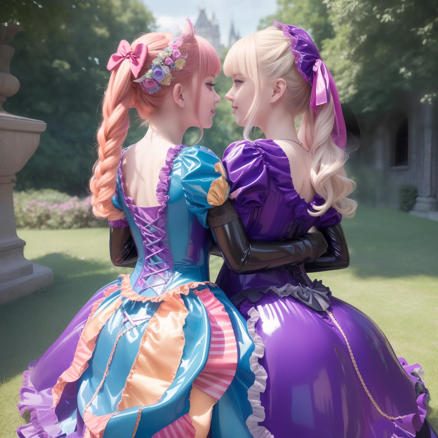 masutepiece,A hyper-realistic,32K,the Extremely Detailed CG Unity 8K Wallpapers, Best Quality,2 girls,(back Hugging:1.2),(Wearing colorful latex classic renaissance lolita gown:1.3),(Fishnet stockings are worn tight:1.1),beautiful glowing blue eyes,Rainbow Twin Tail Hair,Full body shot,In front of castle,A smile,with a humburger