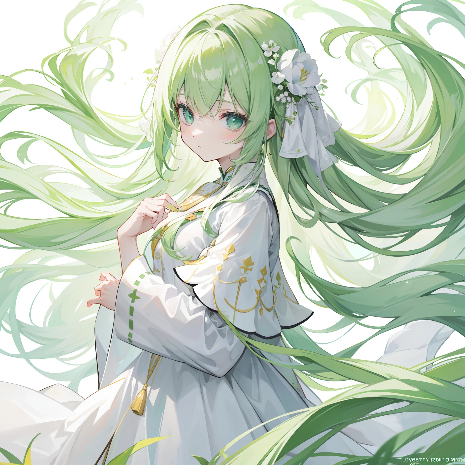 green color，long whitr hair，White，Milky white clothes