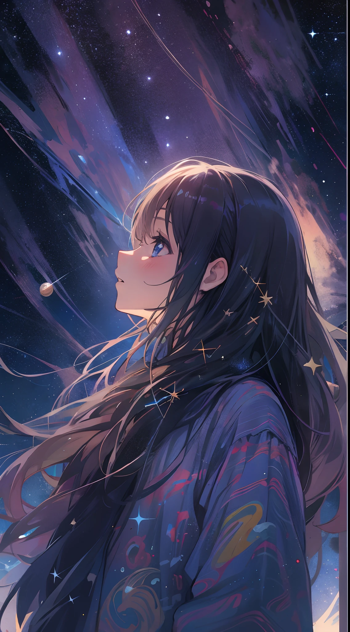 1girl, long hair, looking at the sky, starry sky, stars, bright night, galaxies, planets