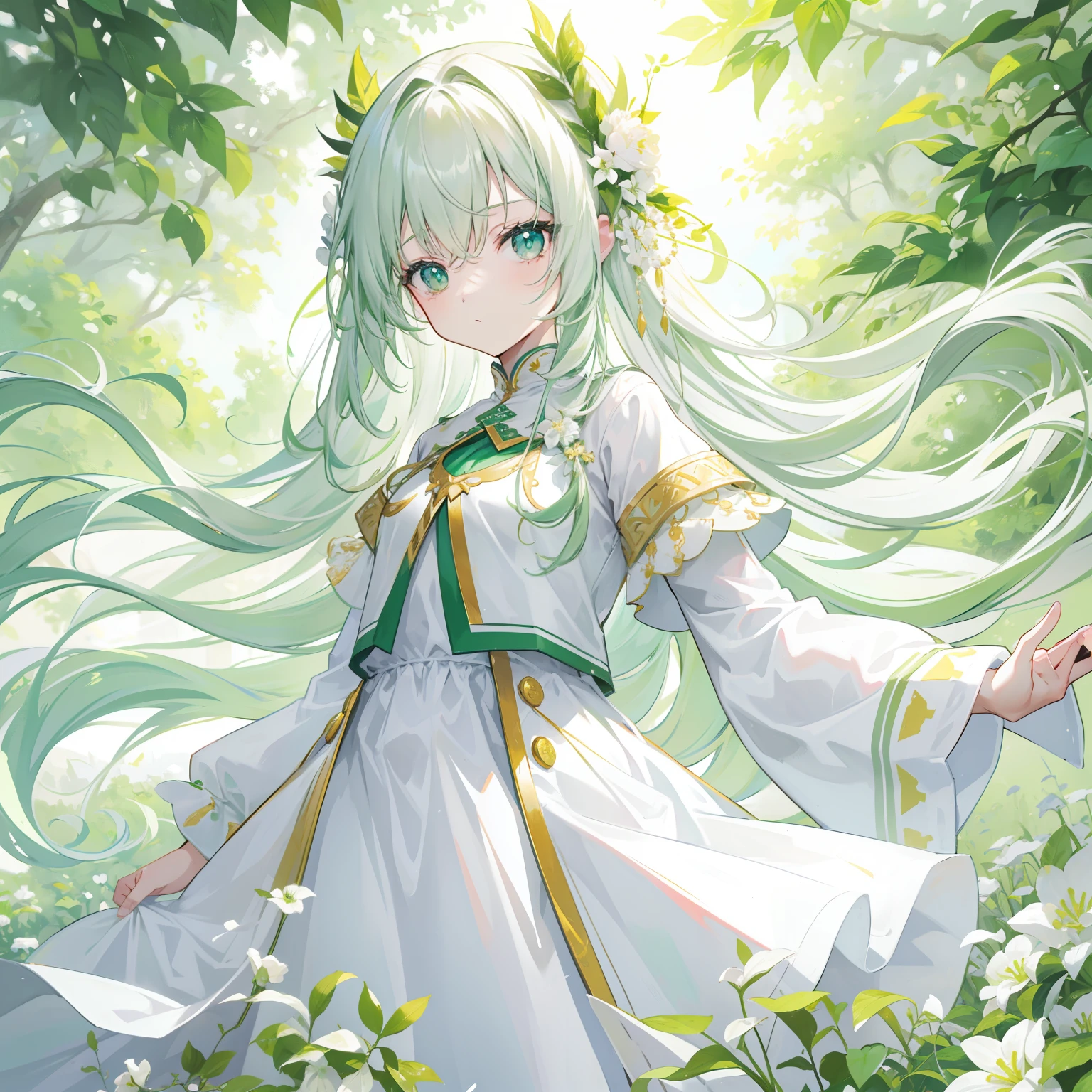 green color,long whitr hair,White,Milky white clothes